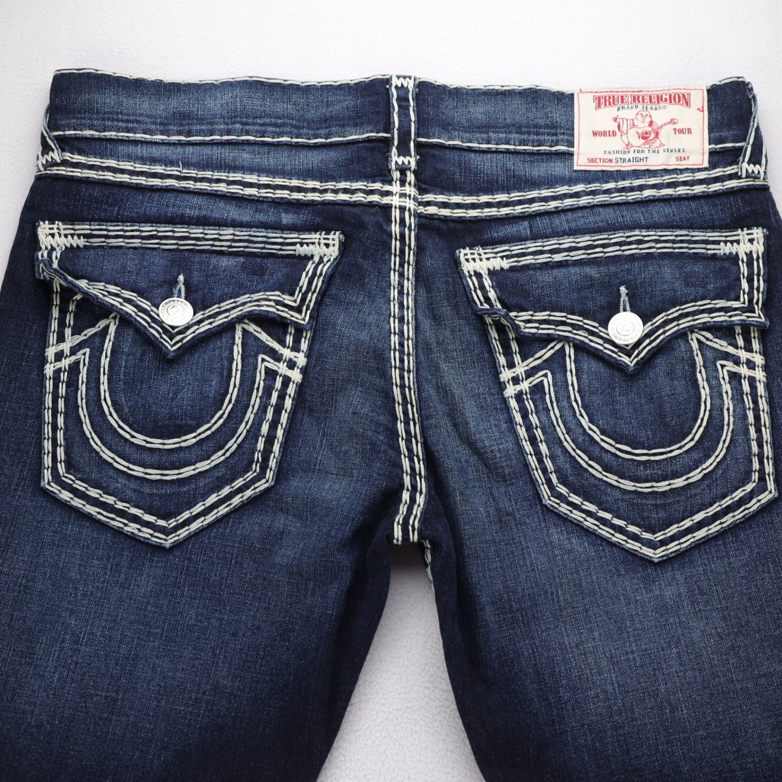 True Religion Straight Flap Super QT Jeans Mens 38 Dark Wash White Thick Stitch