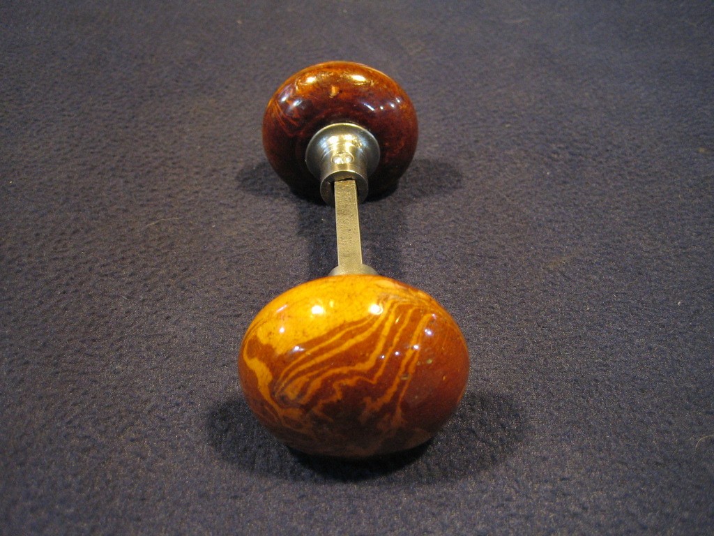 Pair Antique Brown Marble Swirl Tiger Eye Bennington Porcelain Door Knobs 1890's