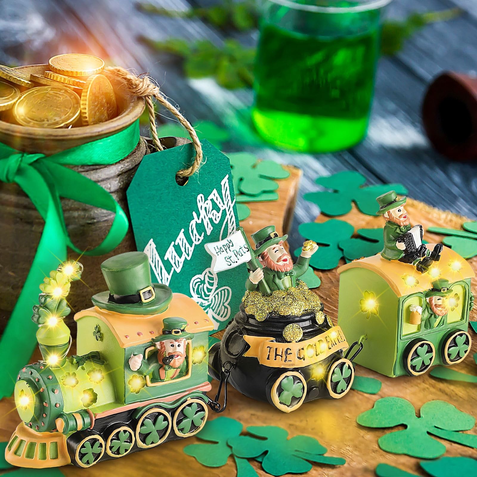 St Patricks Day Decorations Train for Home, Lighted Leprechaun Figurine Train...