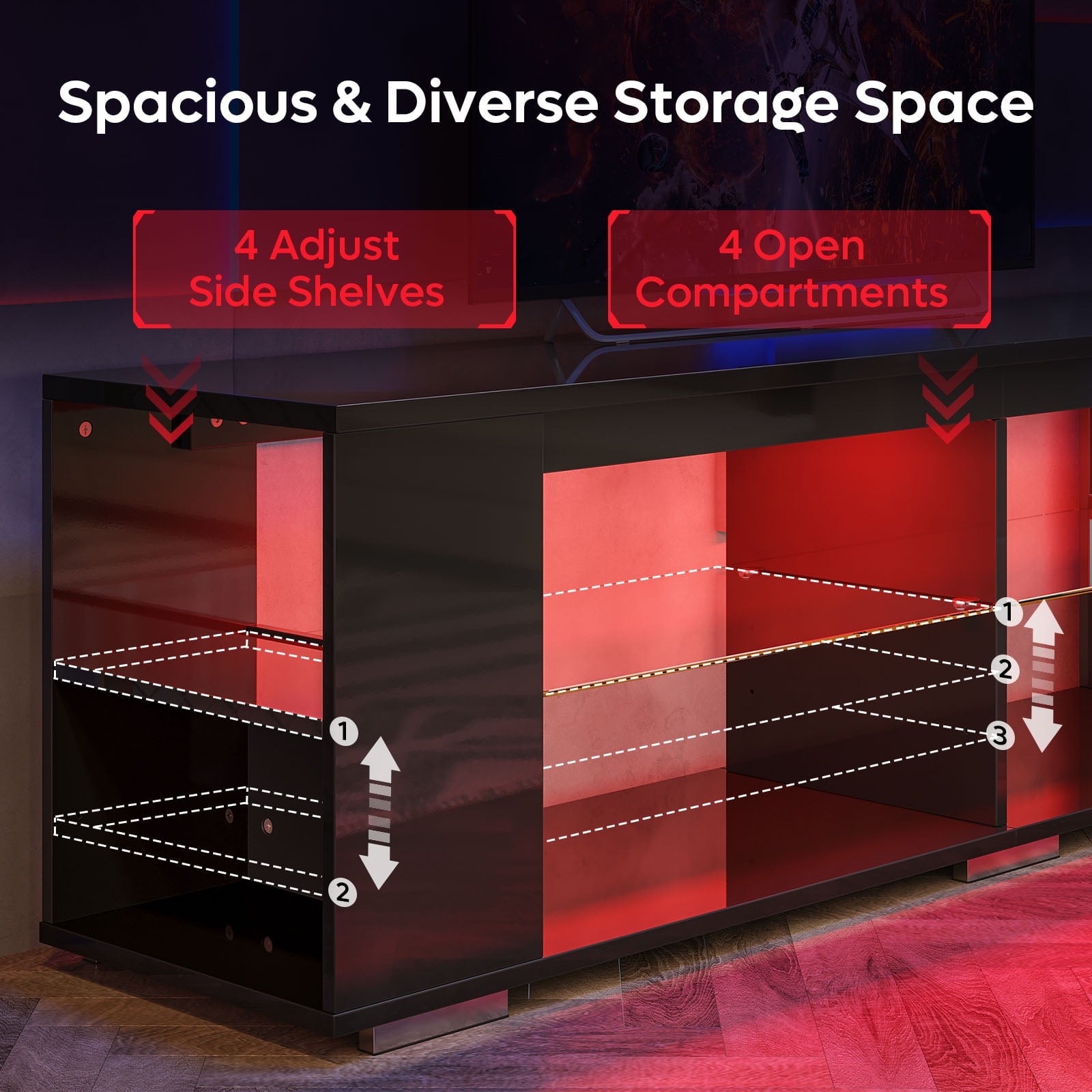 LED TV Stand for TVs up to 80" Gaming Entertainment Center w/ Shelves Black