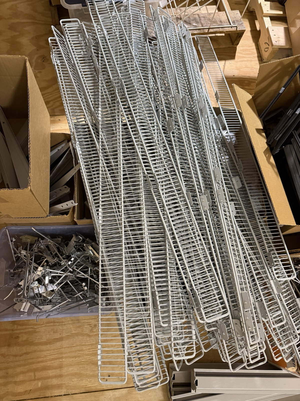 HUGE lot of pallets of Used Lozier Shelving shelves, components, glass cases