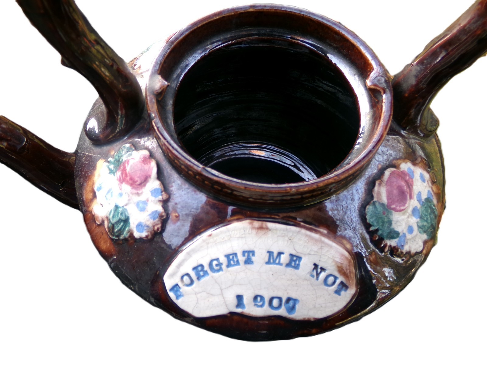 RARE MEASHAM BARGEWARE TEAPOT WITH LID UNDER PLATE "FORGET ME NOT 1907