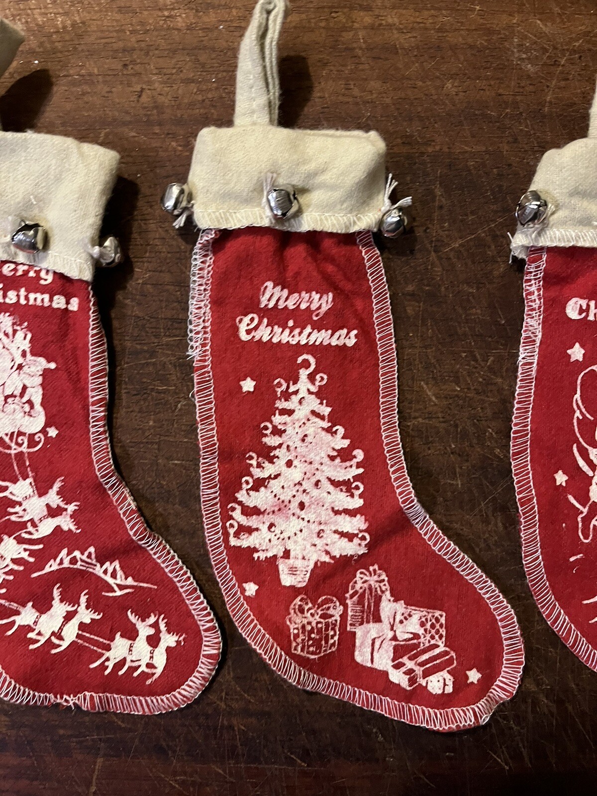 3 Vintage Style Red Felt Merry Christmas stockings Jingle Bells Santa Reindeer