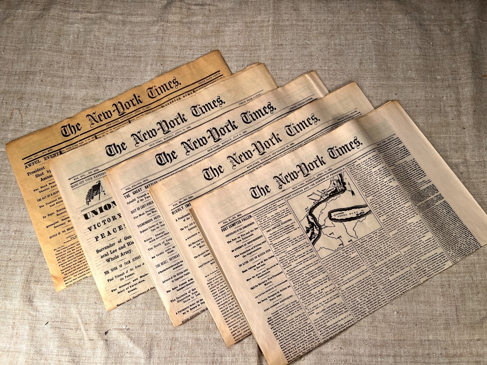 Lot of 5 NEW YORK TIMES 1861-1865 Major events in Civil War, Reprod. of original