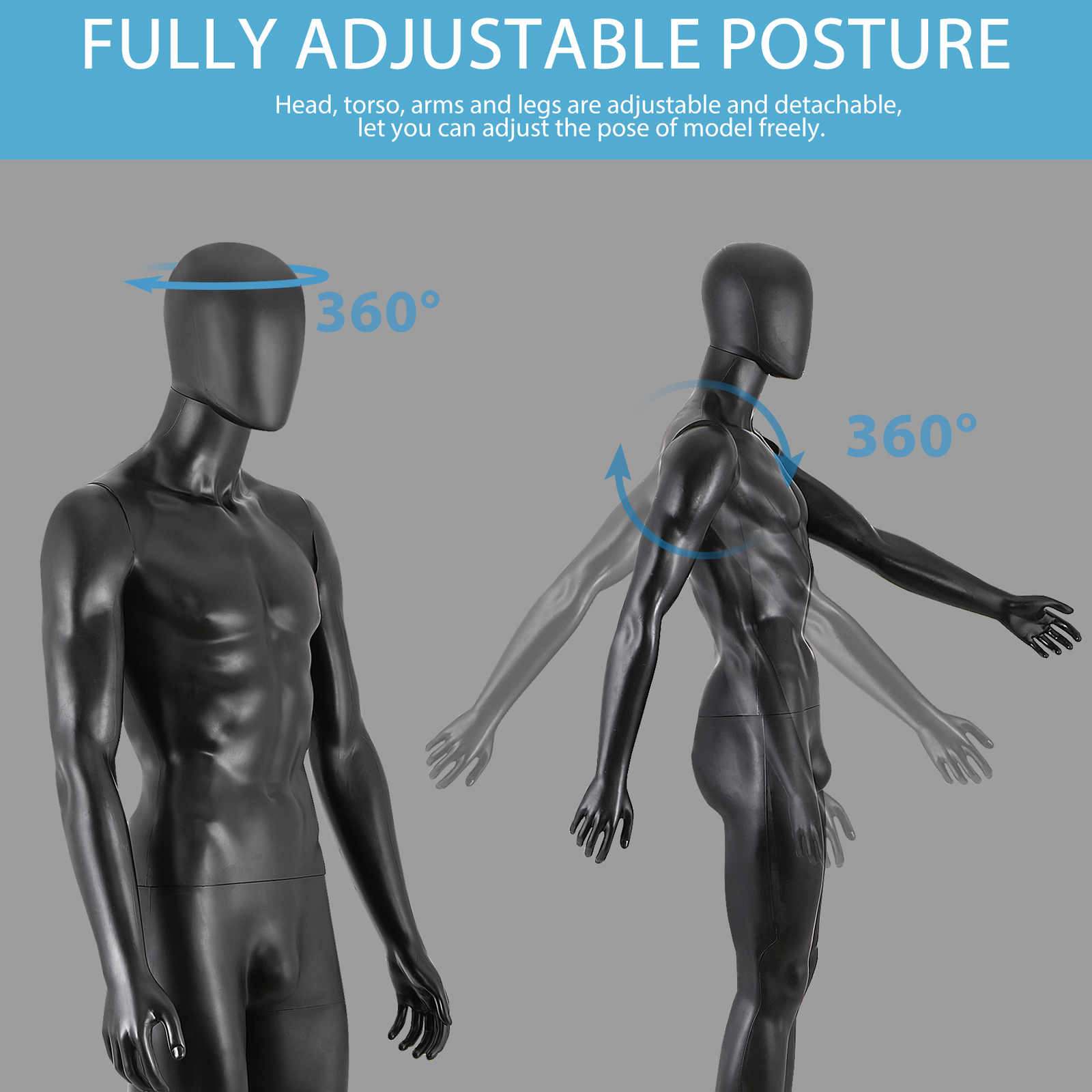 Male Mannequin Dress Form 73" Adjustable Mannequin Full Body Stand w/Base Black