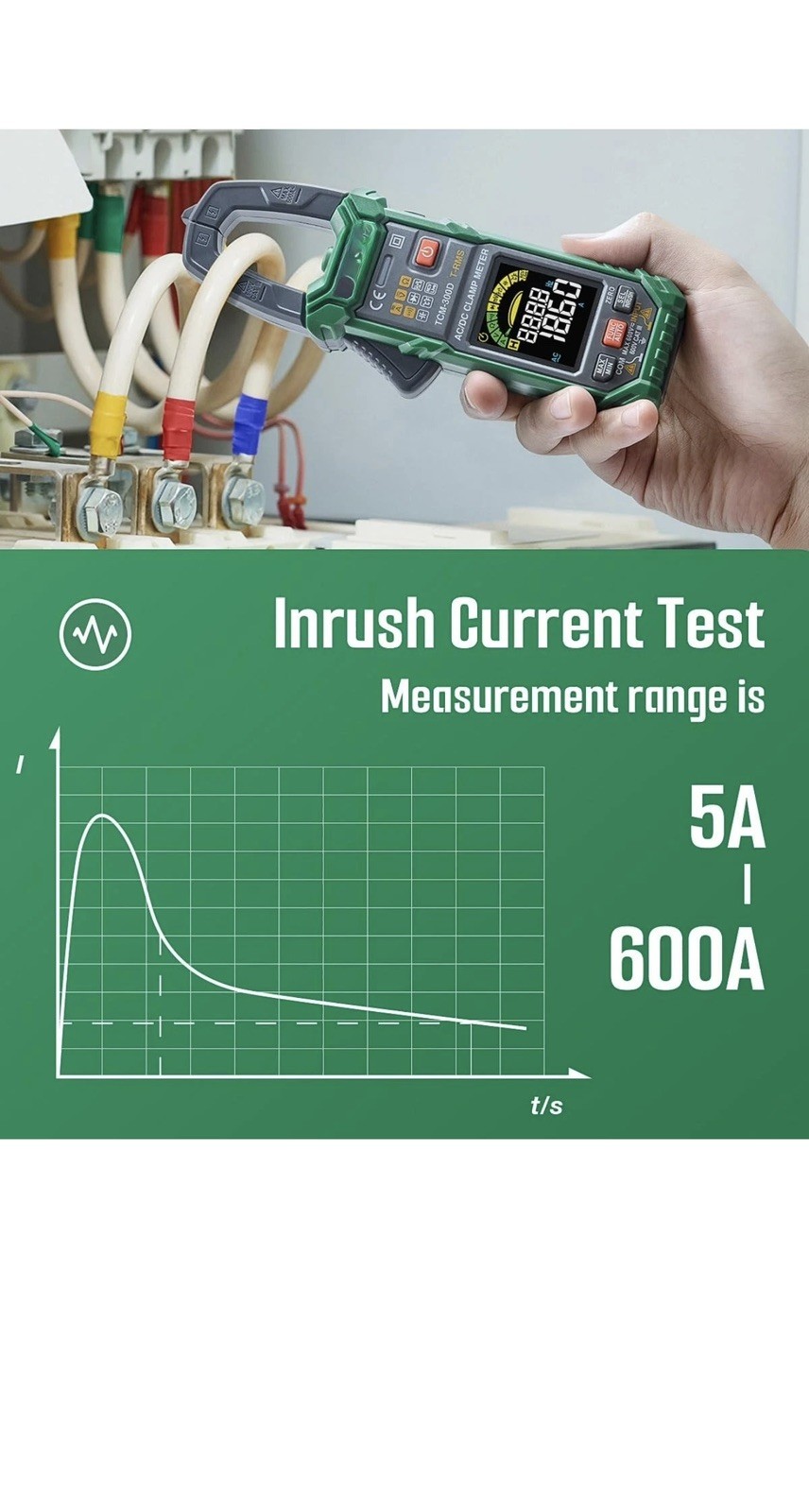 TCM-300D Digital Clamp Meter, 6000 Counts Multimeter, Auto-Ranging Voltmeter
