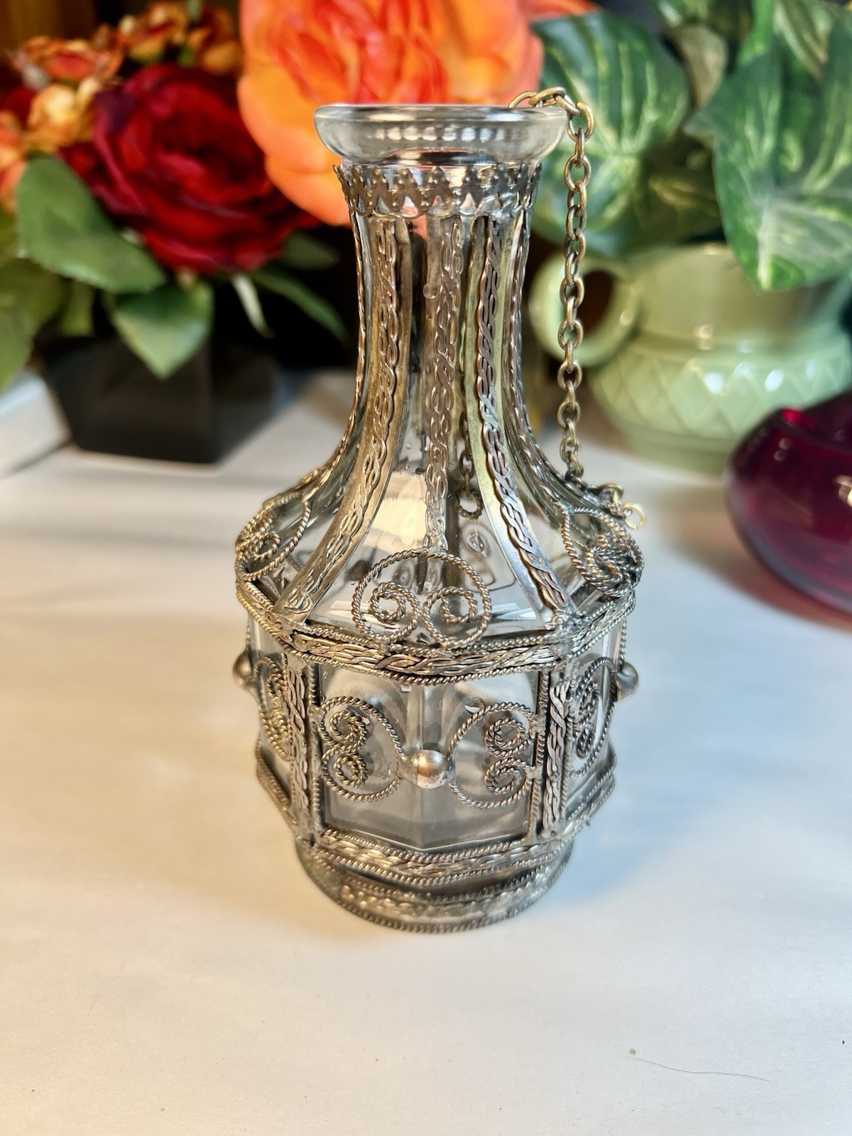 VTG GLASS BOTTLE SILVER PLATED, BRASS, COPPER OVERLAY BOTTLE 1900's UNIQUE