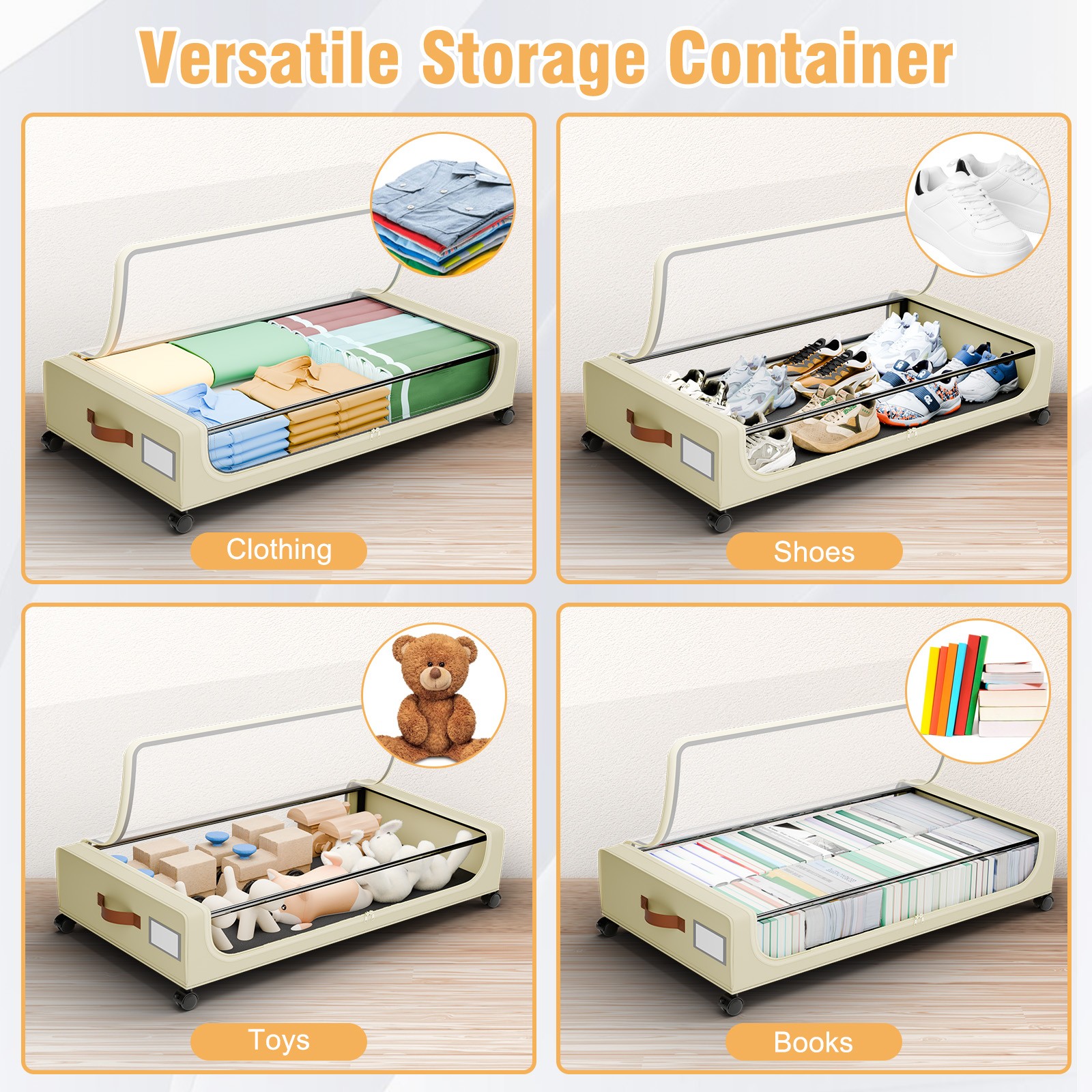 XXXL Under Bed Storage | 4-Pack Rolling Bins with Clear Lids for Clothes Toys