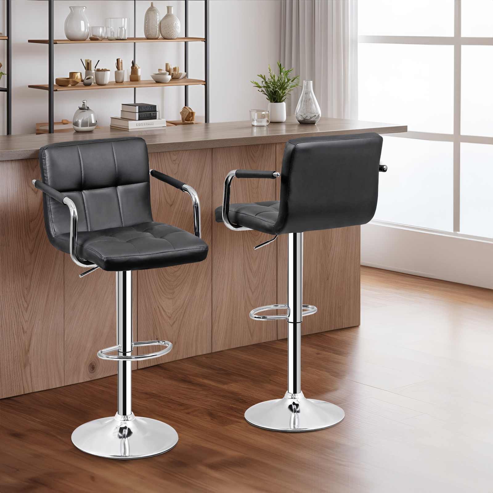 4PCS Adjustable Bar Stools PU Leather Modern Dinning Chair w/ Armrest & Backrest
