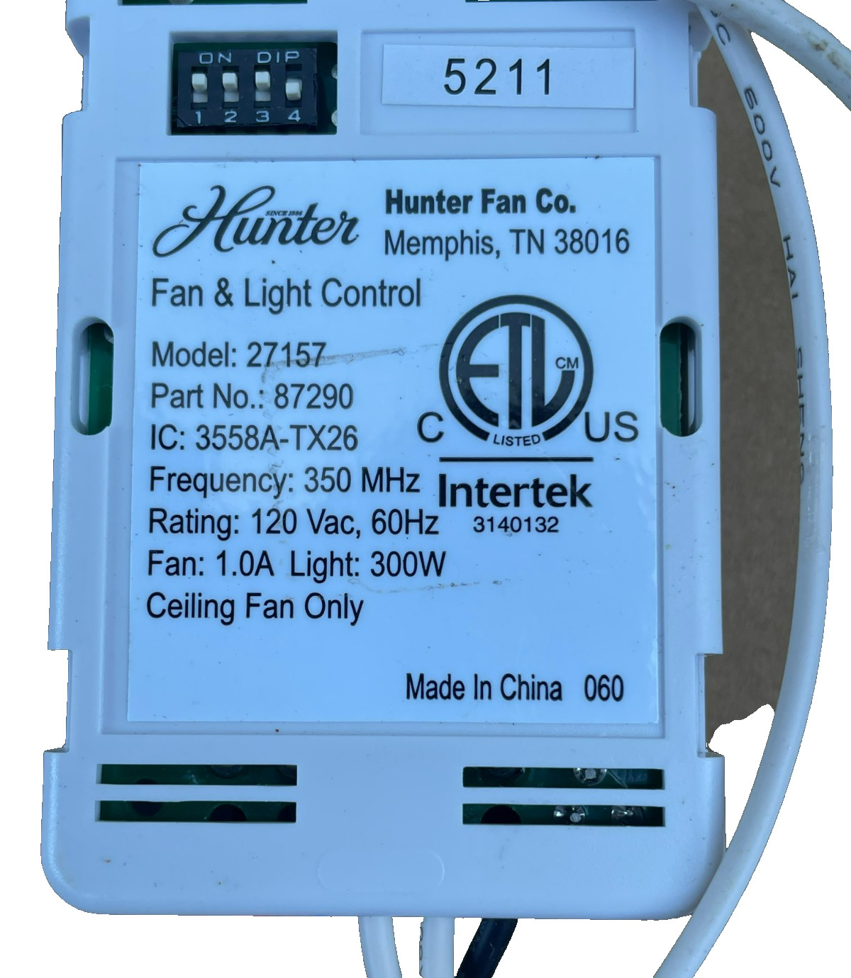 Hunter Wireless Ceiling Fan and Light Remote Control, 27157