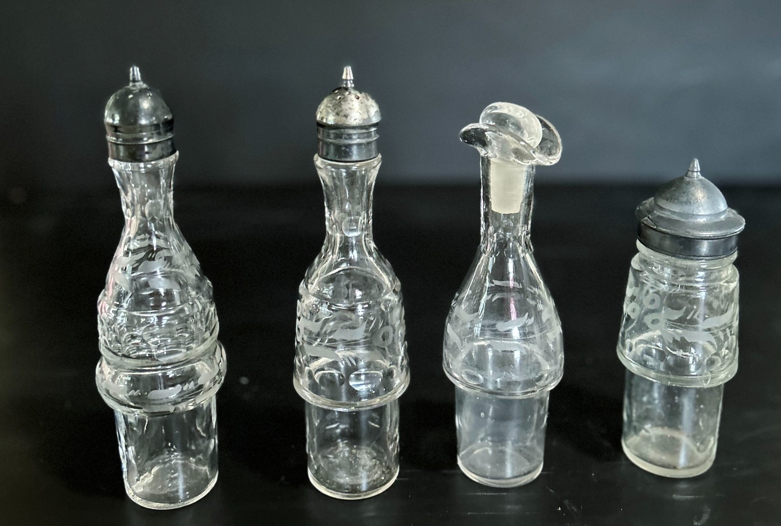 Antique Condiment Cruet Set of 4 Pcs Etched Glass Victorian Style Silver Plate