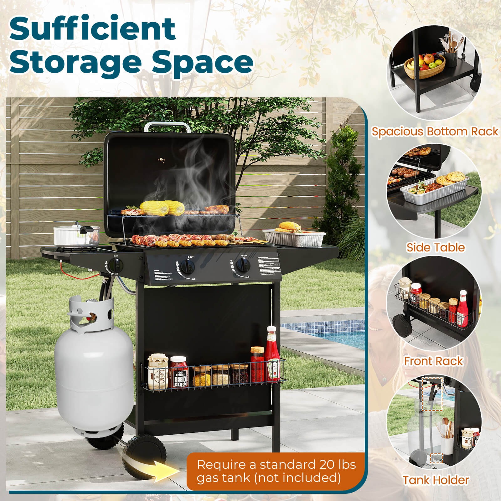 30,000 BTU Outdoor Cooking Grill w/Storage Shelves & Porcelain-Enameled Grates