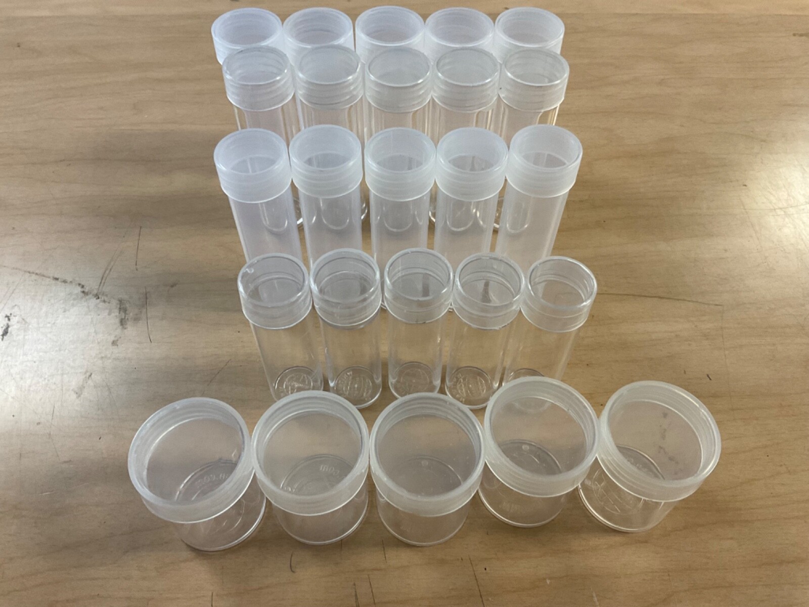 25 New Mixed Round Coin Tubes for 1/2 Doll., Qtr., Dime, Nick., Penn.Made in USA