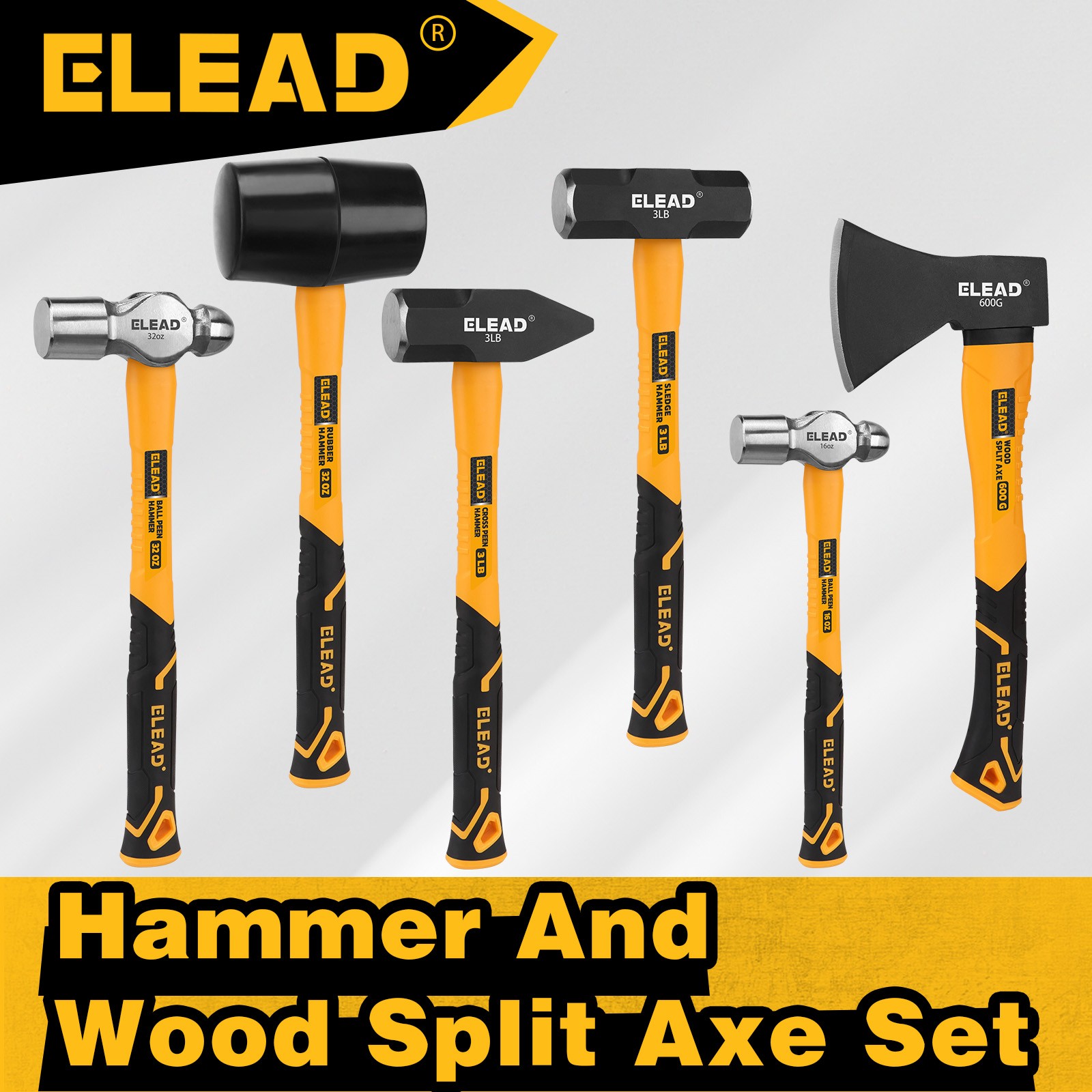 6-Piece Mallet Hammer Set 600g Wood Split Axe Fiberglass Handle Forge Steel Head