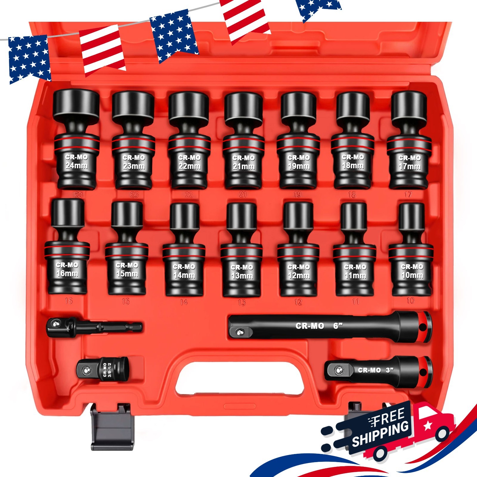 18-Piece 1/2" Drive Shallow Impact Universal Joint Metric Swivel Socket Set