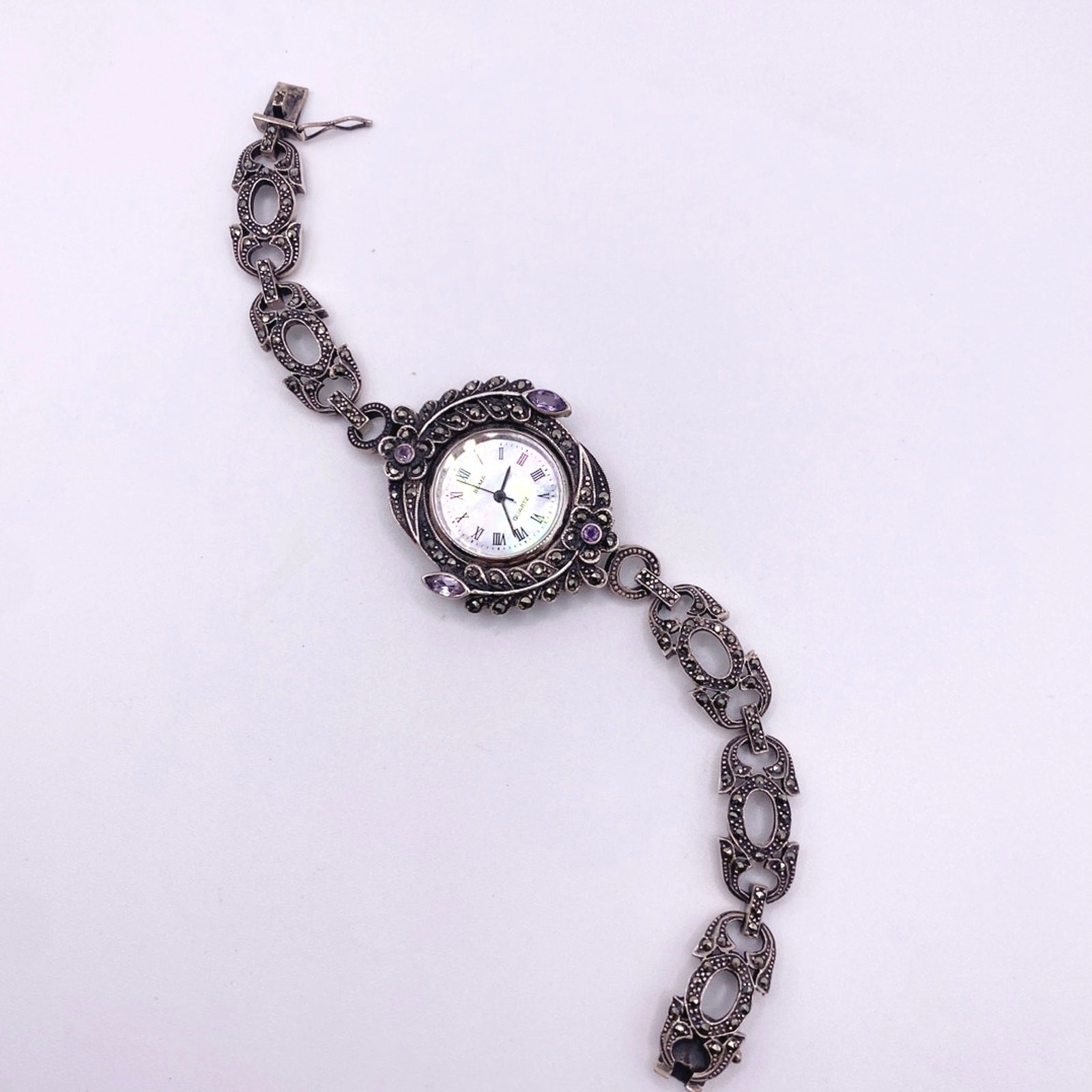 Boma Vintage Sterling Silver With Marcasite And Amethyst Watch 7”