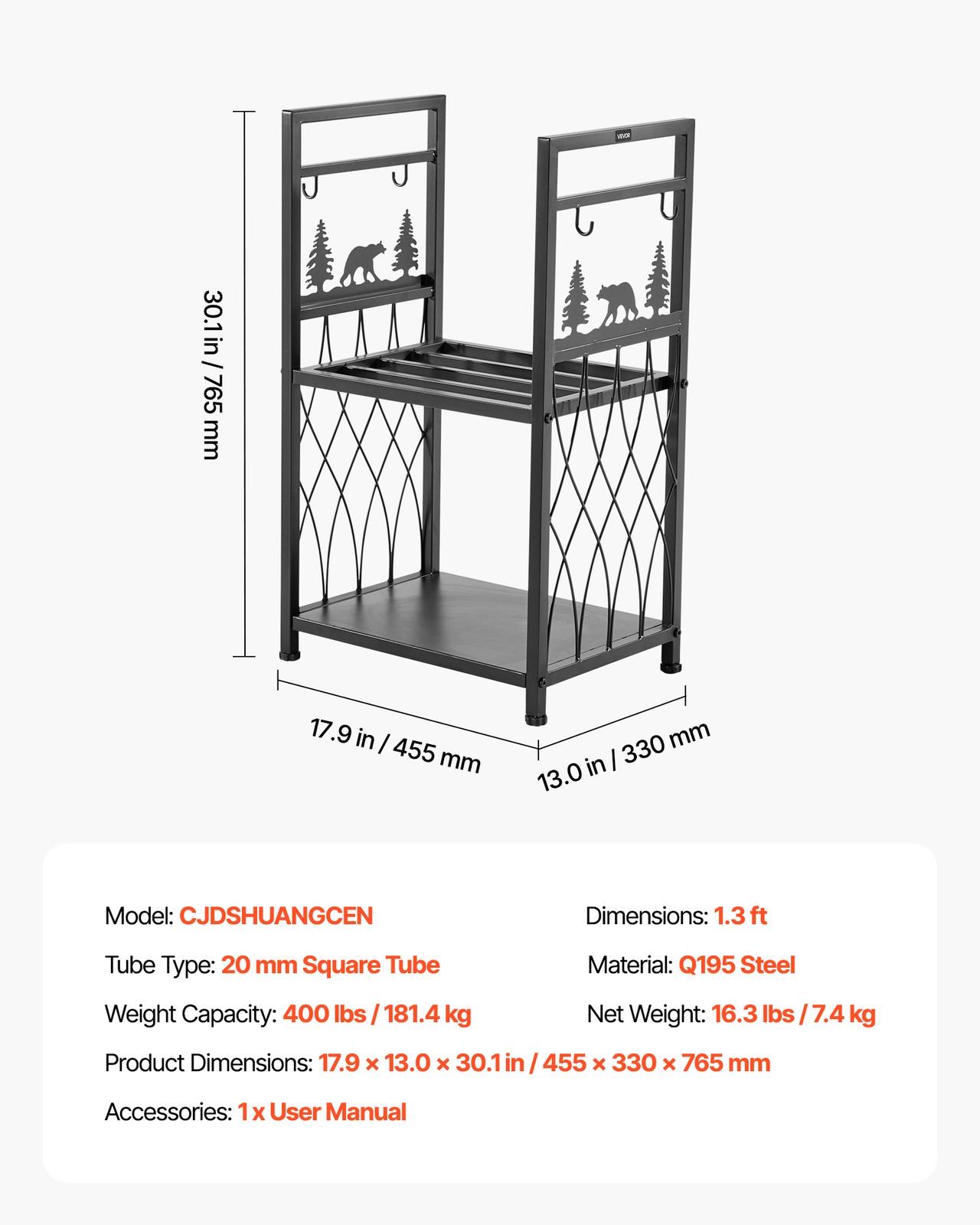 VEVOR 2 Tier Indoor Firewood Rack with Fireplace Tools 1.3 ft Log Wood Holder