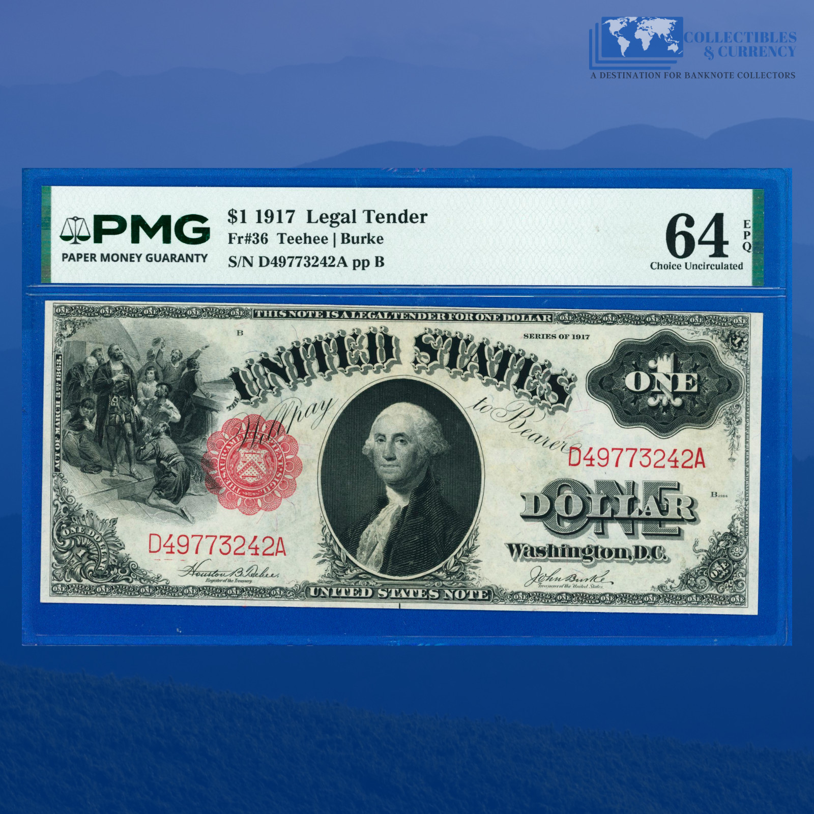 Fr.36 1917 $1 One Dollar "SAWHORSE REVERSE" Legal Tender Note, PMG 64 EPQ #73242