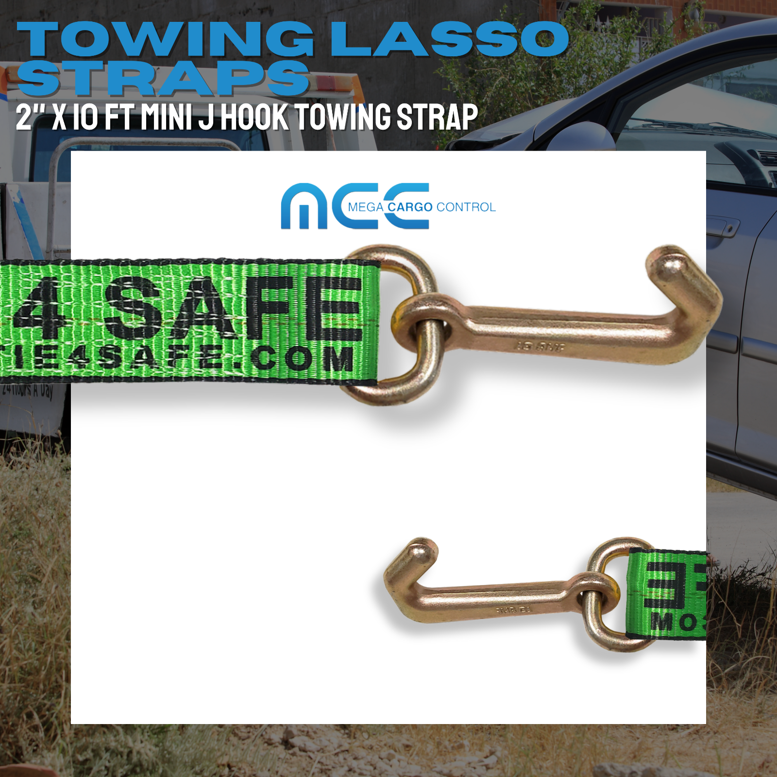 Heavy Duty G70 2" x 10' Mini J Hook Towing Trailer Wrecker Lasso Tie Down Strap