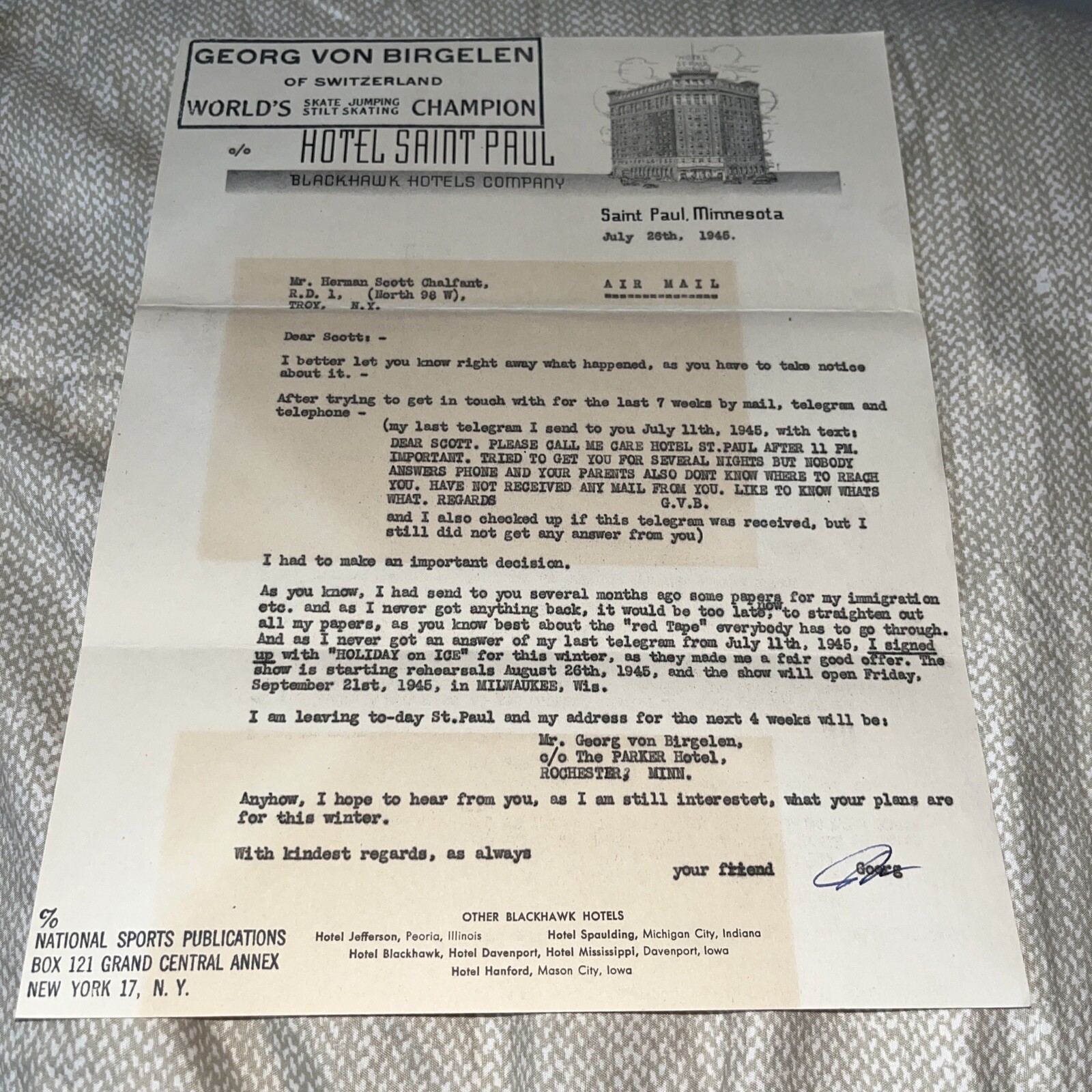 Old Ice Skating Champion Contract Letter Hotel Saint Paul Letterhead Minnesota