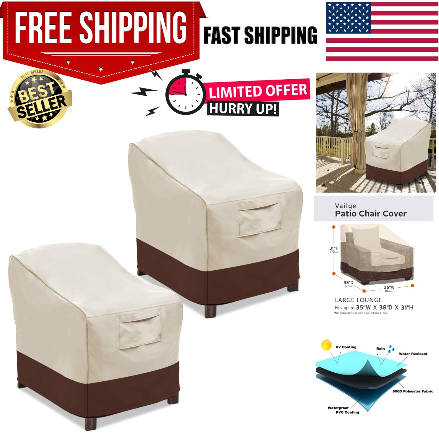 Waterproof Heavy-Duty Patio Chair Covers 2 Pack - Beige & Brown Large Size