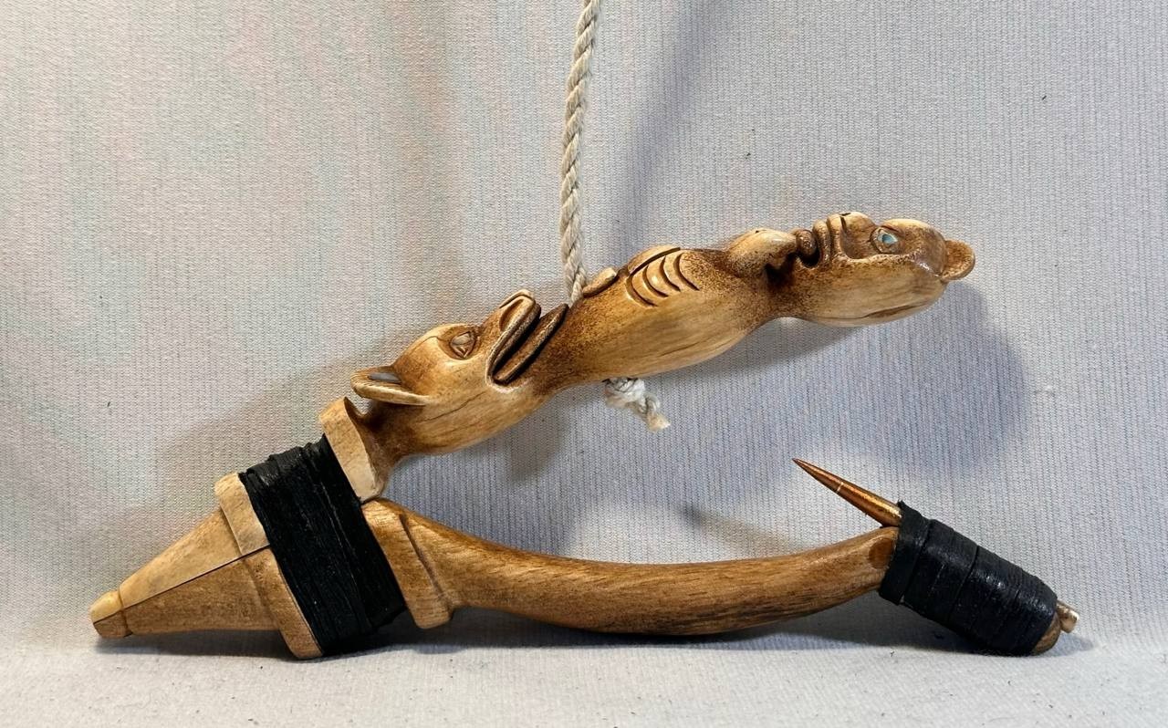 Wolf and Beaver Totem Halibut Hook, Shell Inlay, Northwest Coast Design