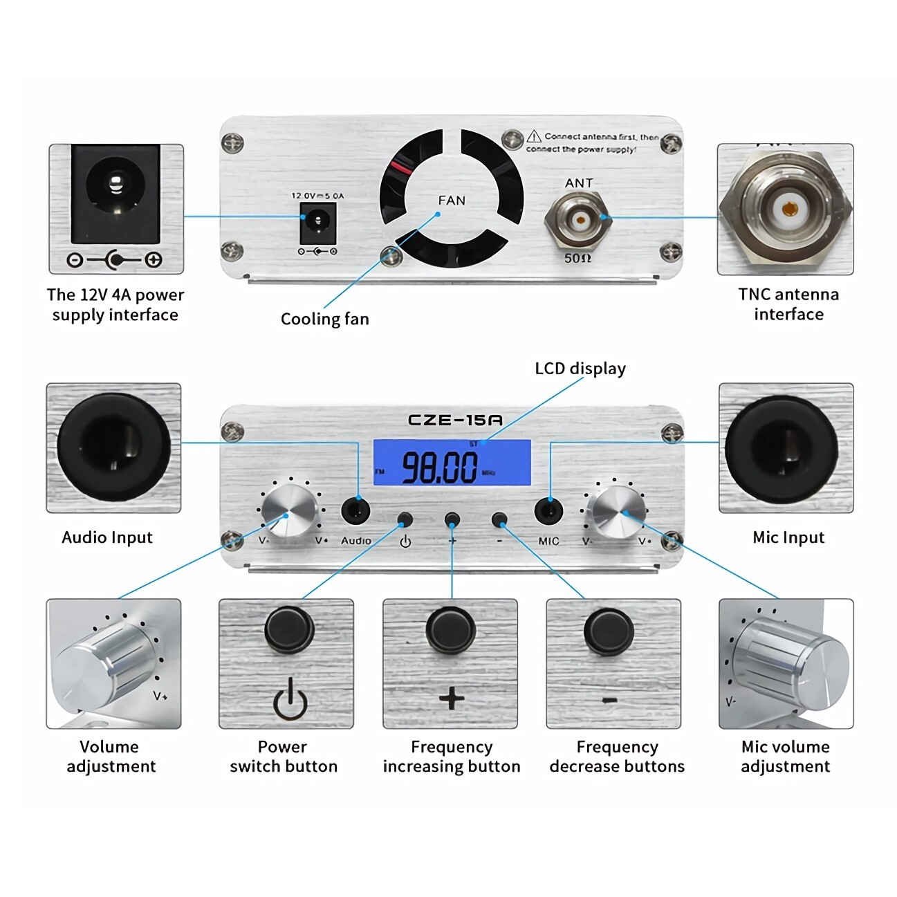 CZE-15A 15w/3w FM Transmitter Radio Broadcast 1/4 wave GP aluminum Antenna kit