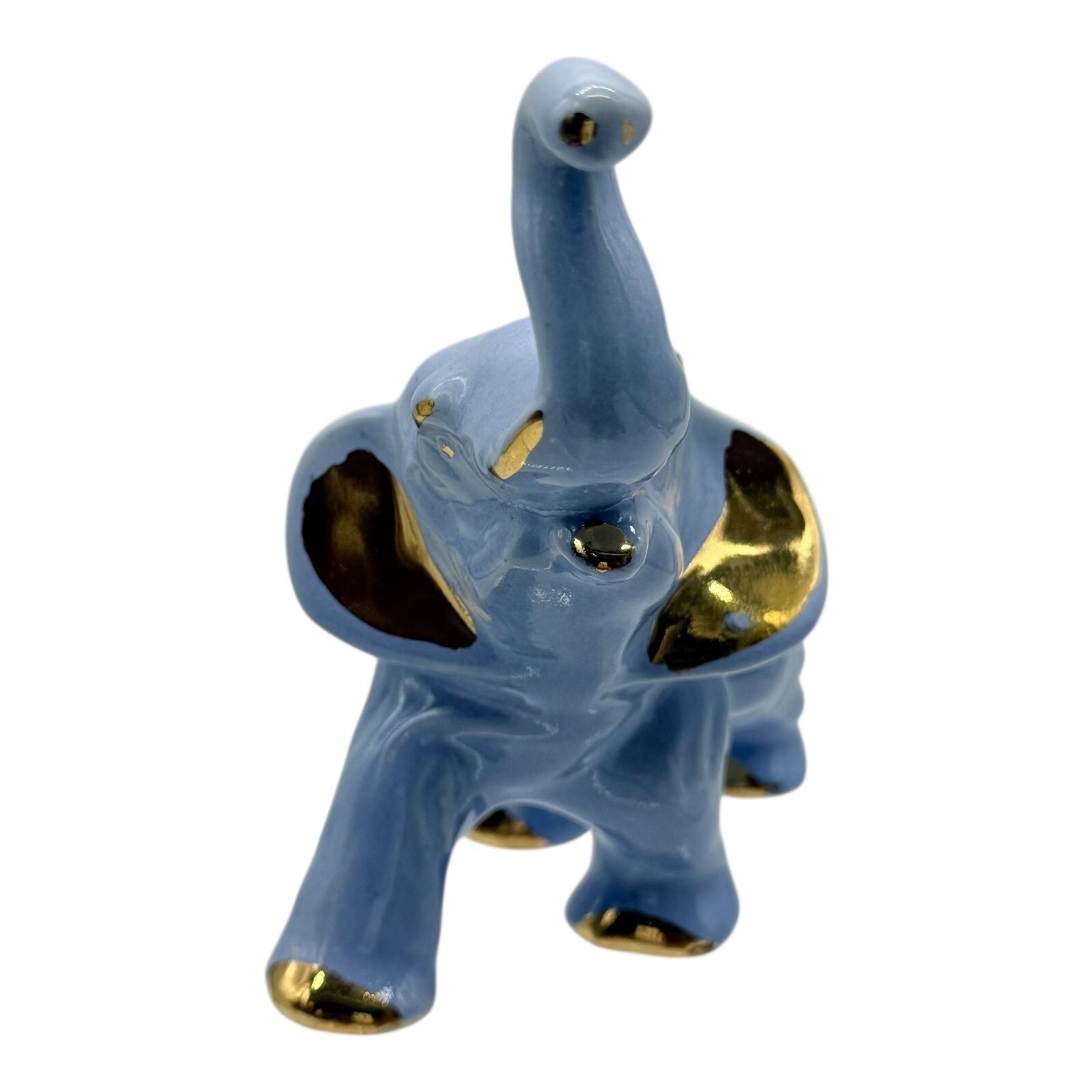 Elephant Figurine Blue Ceramic Gold Accents Trunk Up Good Luck Vintage Decor