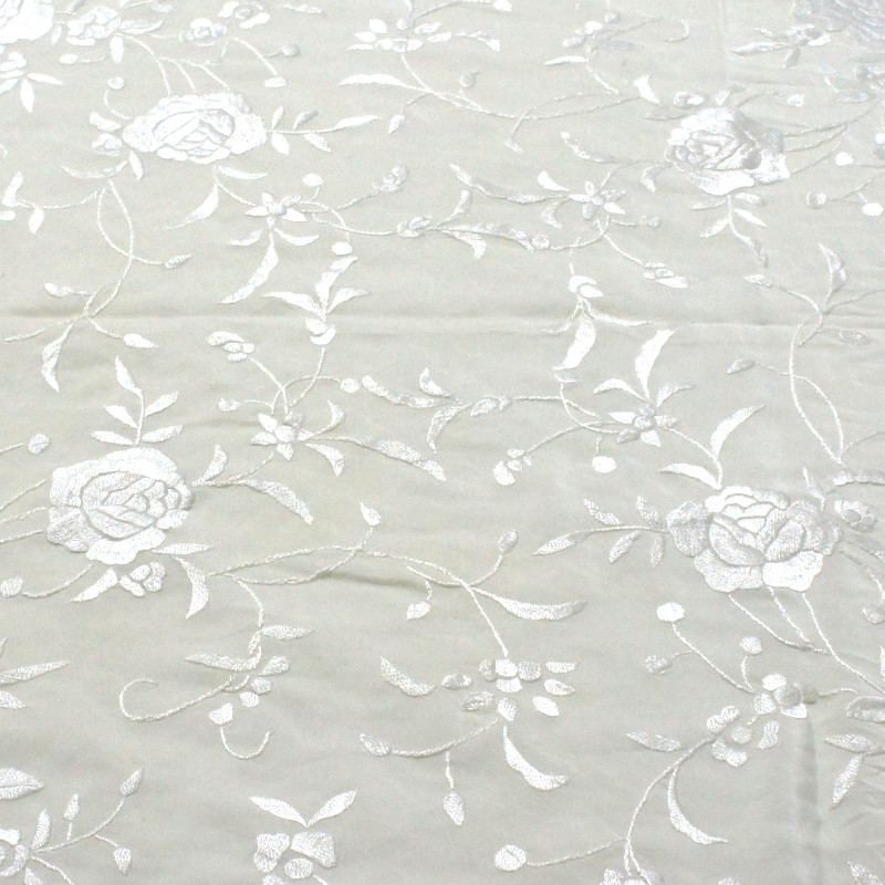 Antique Silk Shawl Wrap Piano Scarf HAND EMBROIDERED FLORAL WITH FRINGE.