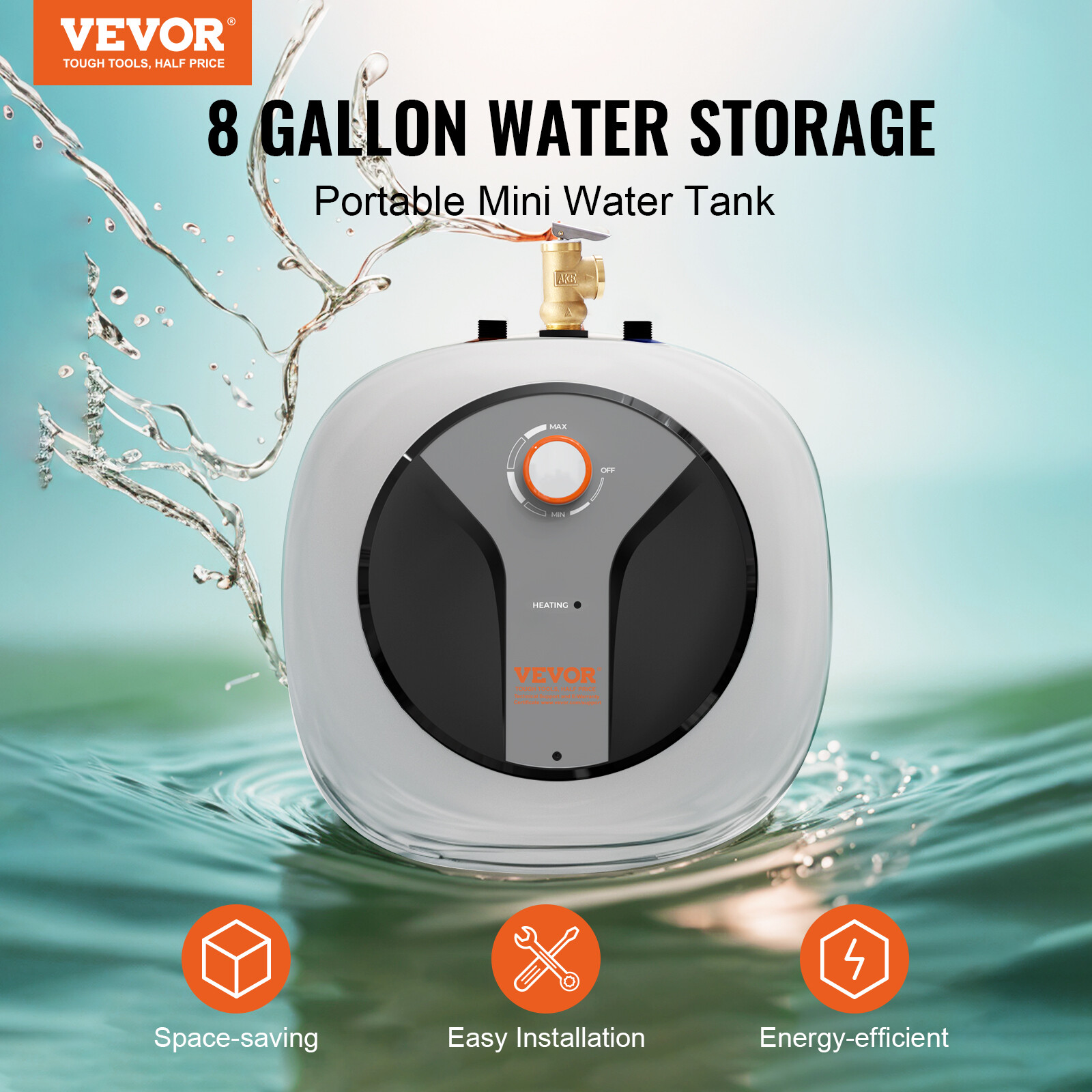 VEVOR 8 Gallon Electric Mini Tank Hot Water Heater 1440W Shower Compact Storage