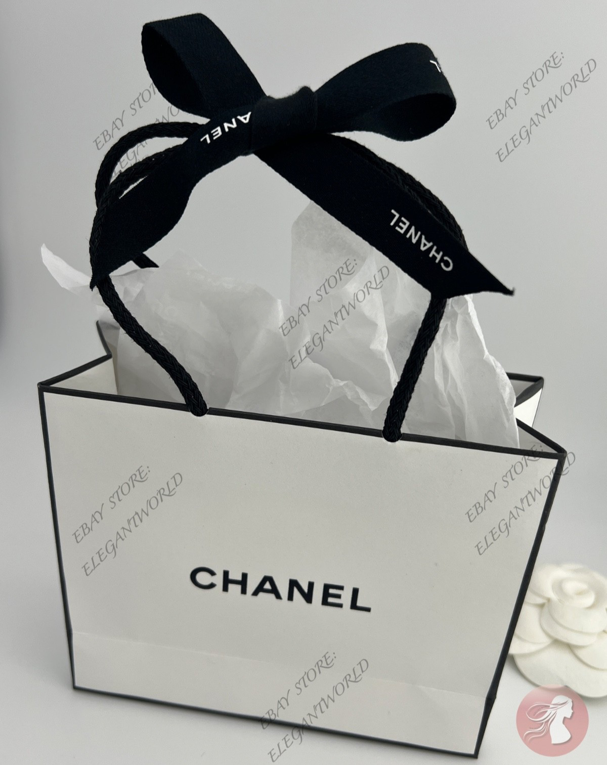 Chanel Small Empty Gift Bag White Paper Classic Black Logo L 5.5 x H 4.5 x D 2"