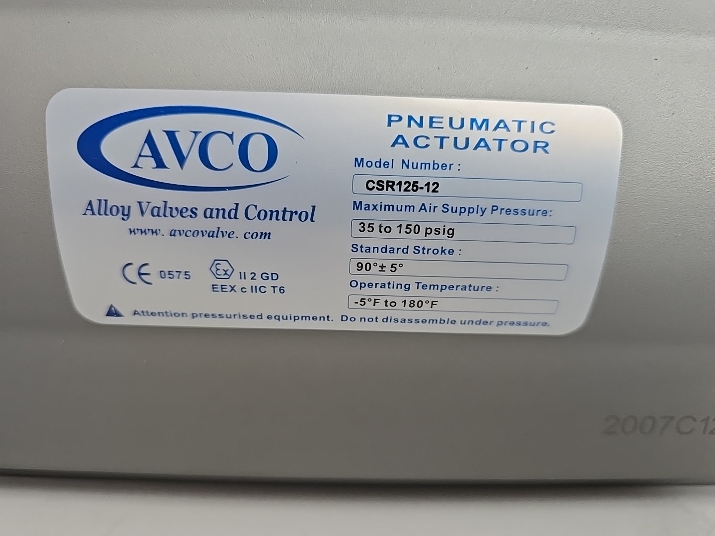 New AVCO CSR105V-12 Pneumatic Actuator Valve 35 to 150Psig -5 to 180 Deg F