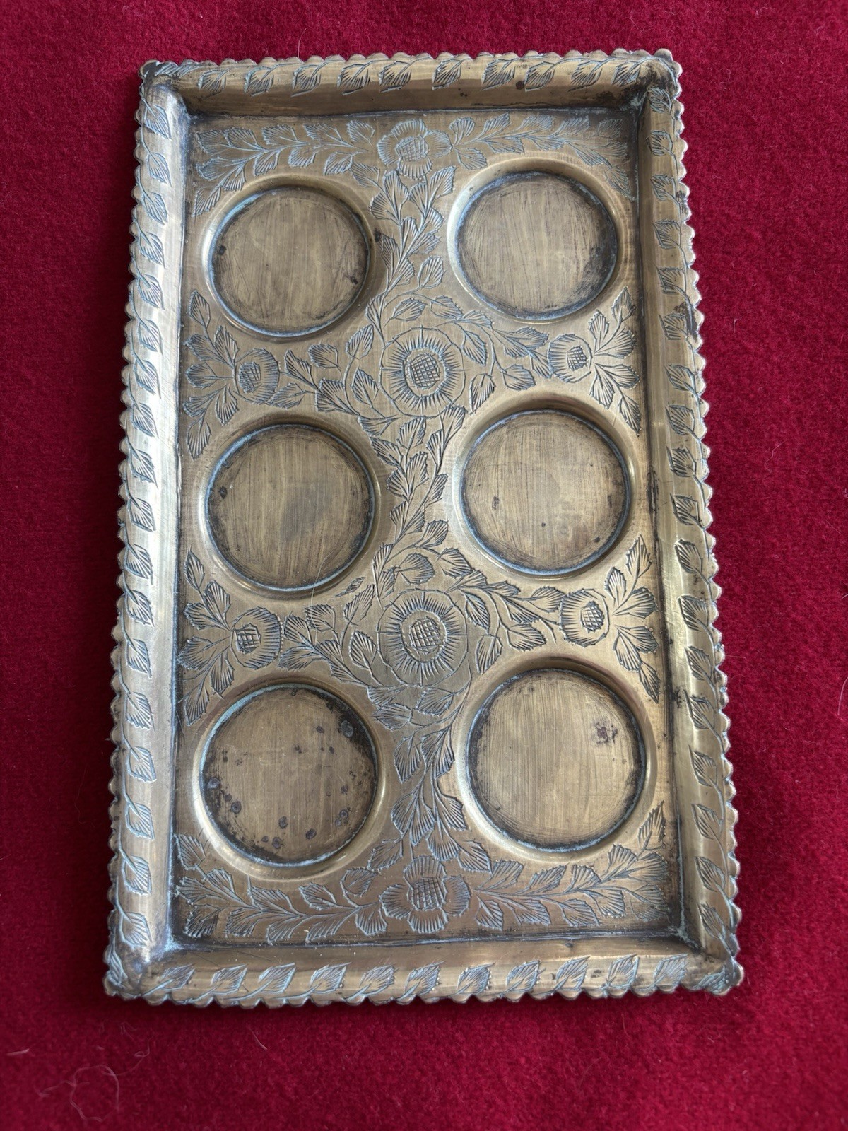 Vintage Indian Brass Tray + 6 Etched Mini Goblets Cordial Set Made in India