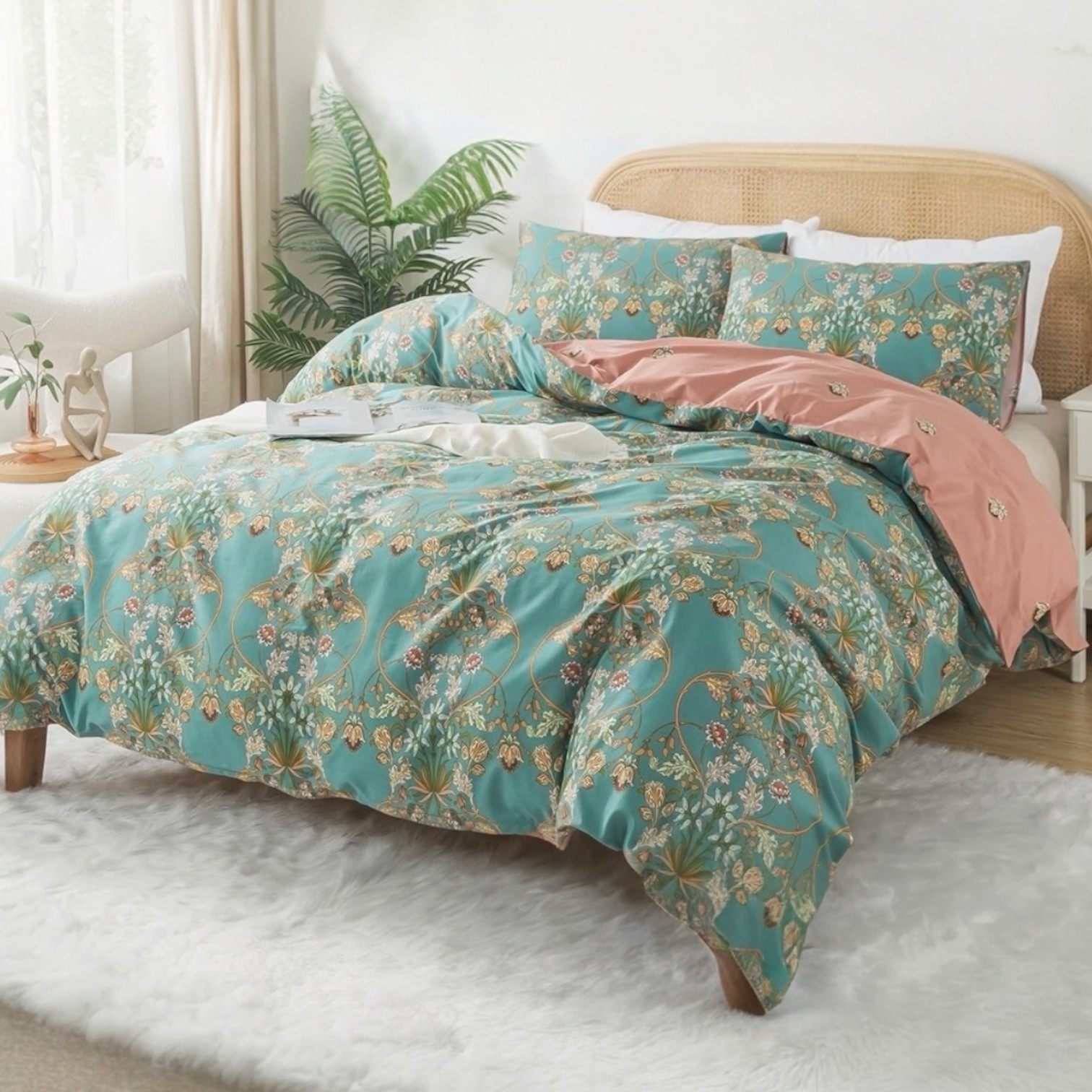 NEW Anthro Green Pink Reversible Floral King Boho Duvet Bedding Sham Case Set