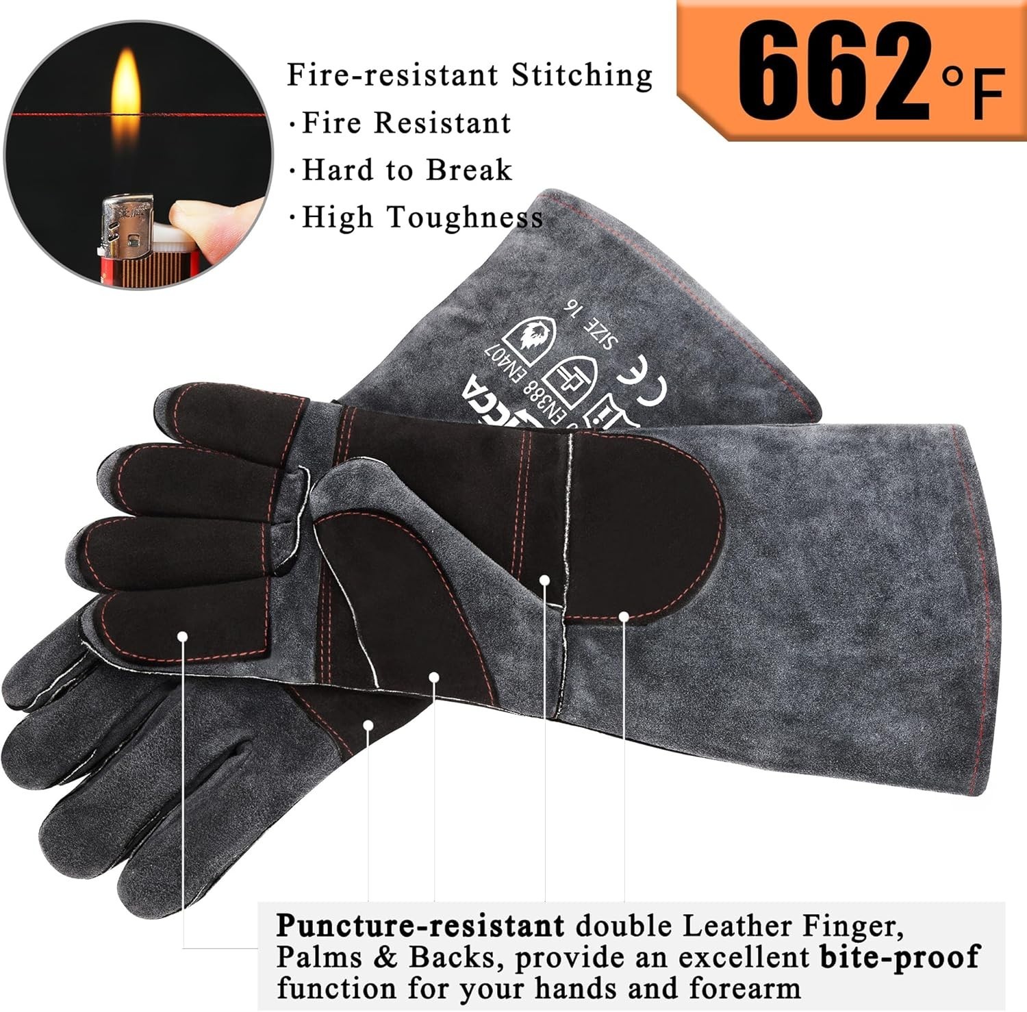 Animal Handling Gloves Bite Proof Double Leather Reinforced Padding Dog,Cat Scra