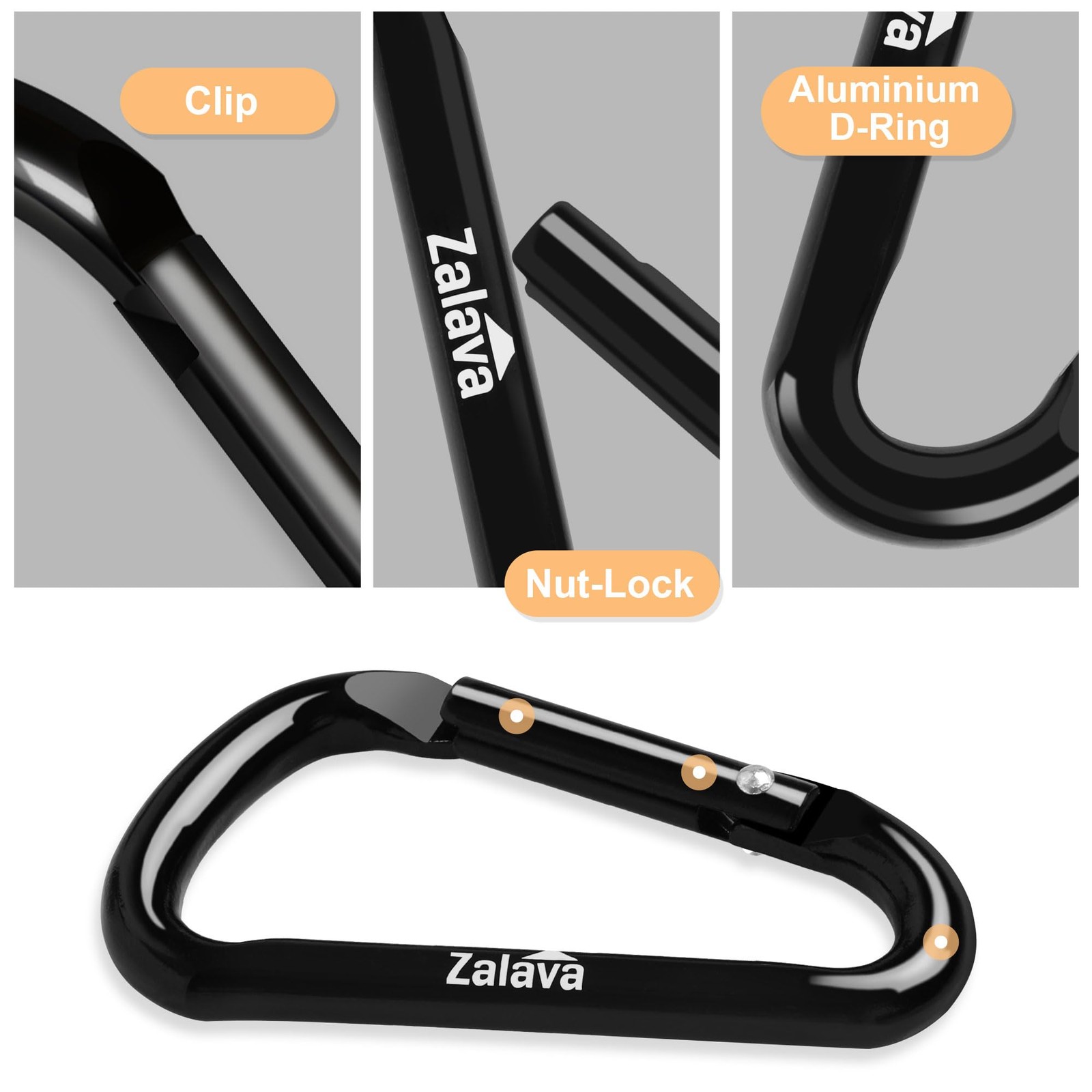 2.3'' Carabiner 6-Pack, D-Ring Aluminum Clips Keychain, Black