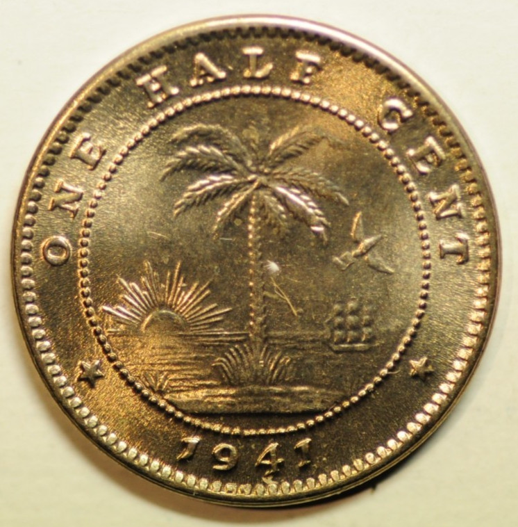 #mw30685 Liberia Cu-Ni 1/2 Cent 1941 African Elephant / Palm Tree KM#10a UNC