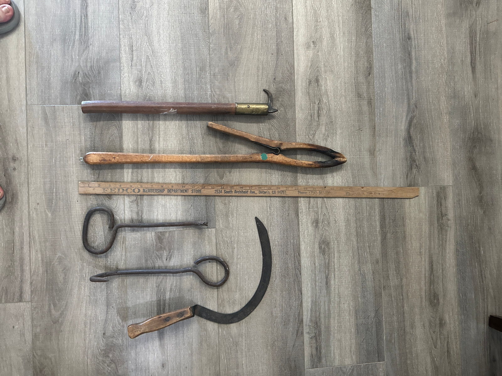 Lot of 7 vintage tools farm antique wooden tongs pliers scythe hooker plunger