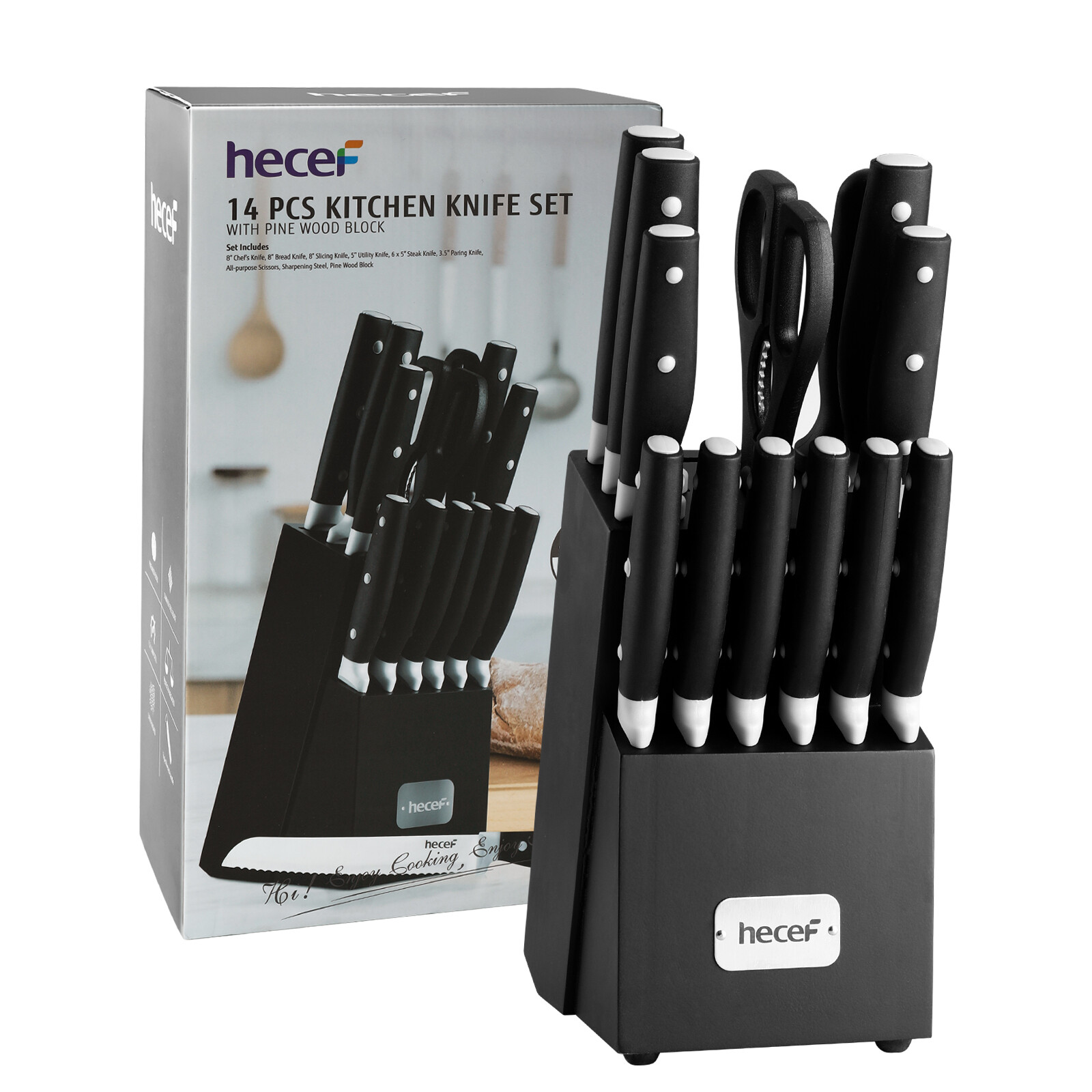 14PCS Kitchen Knife Block Set High Carbon Stainless Steel Cutlery w/ Sharpener