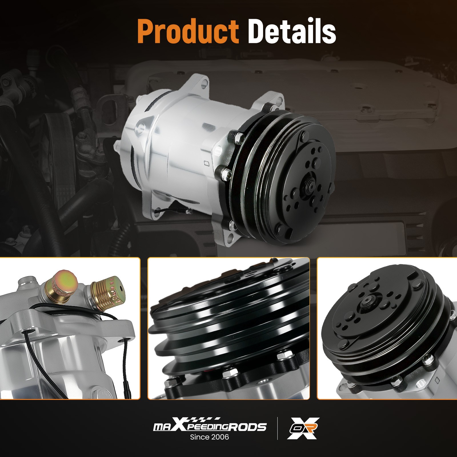 A/C Compressor w/ 2-Groove Pulley For Sanden 508 Style V-Belt 12V Chrome Black