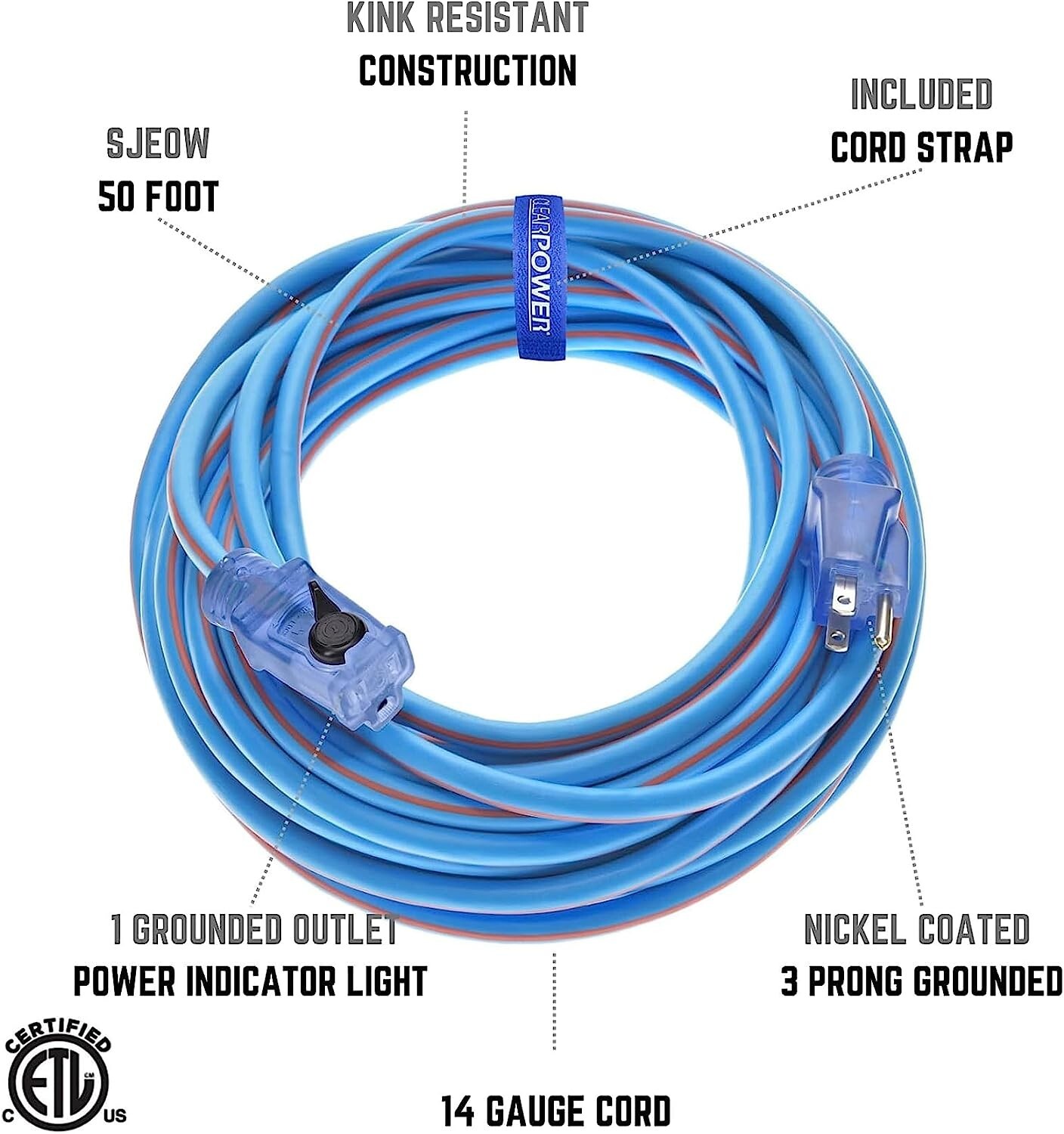 CP 50 ft 14/3 SJEOW TPE Rubber Heavy Duty Extension Cord, Blue & Orange, CP10088