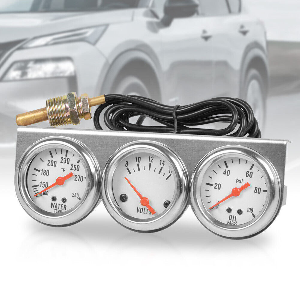 3-in-1 2" 52mm Chrome Car Triple Gauge Set Water Temp Oil Pressure Volt Meter