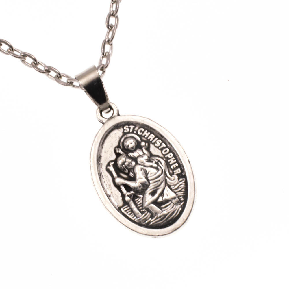 Saint St Christopher Protect Us Oval Silver Medal Pendant Necklace 18" Chain