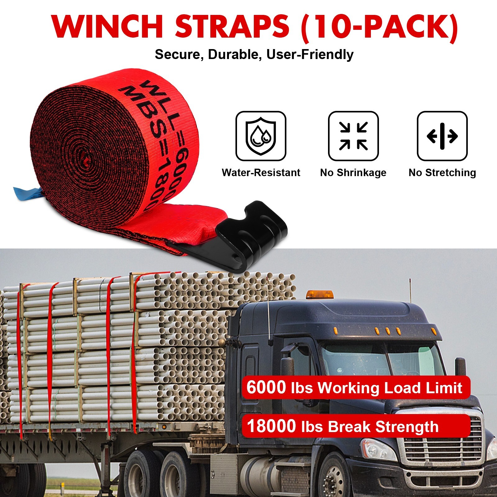 X-BULL 10 Pack 4" x 30' Winch Truck Straps w/Flat Hook for Towing 18000 lbs Red