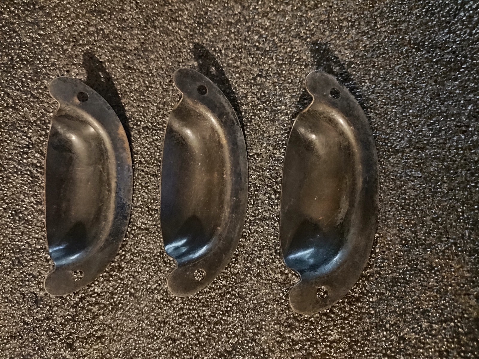 3 matching kitchen Cabinet BIN PULLS Antique Vintage Copper Japanned Handles