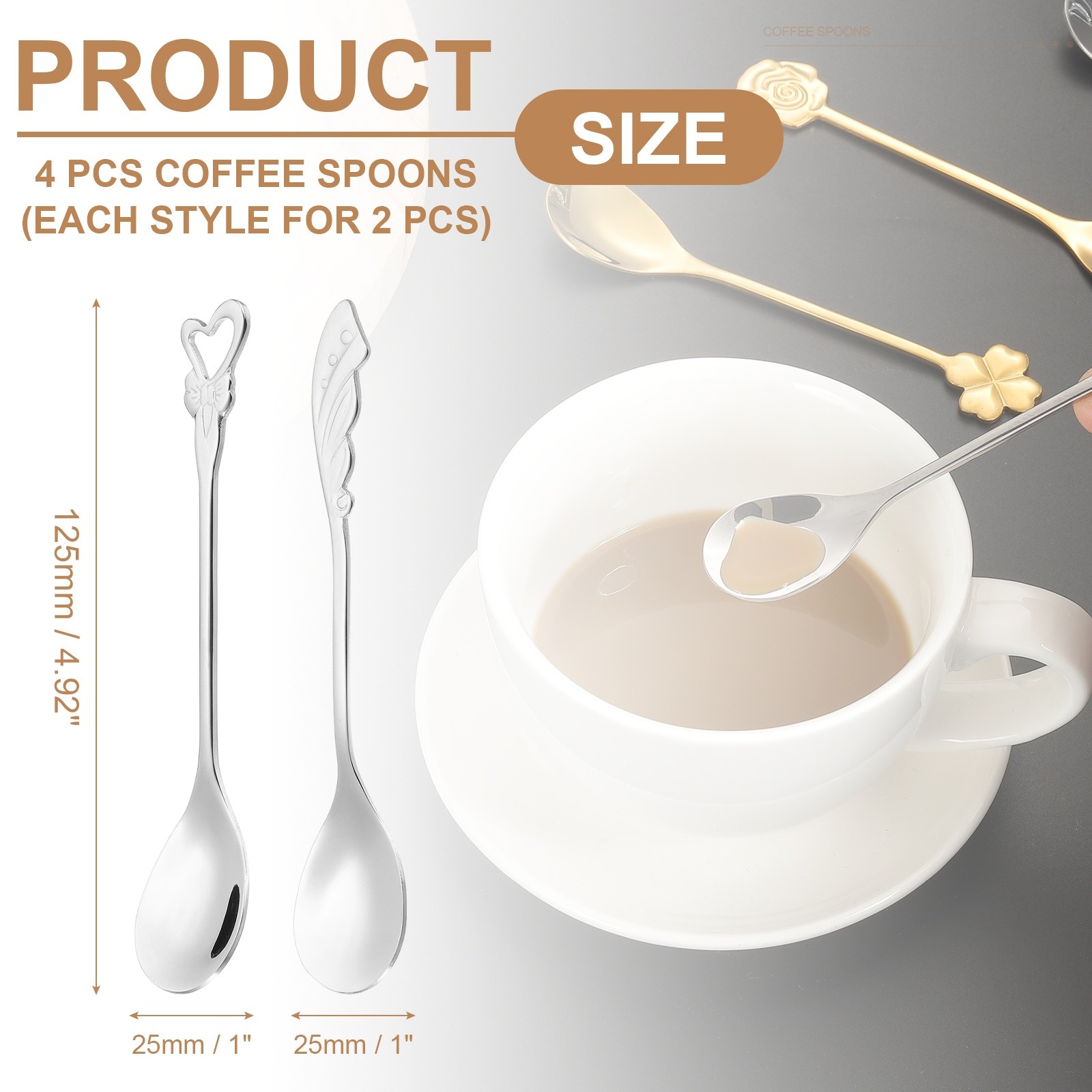 4pcs Coffee Spoons, Heart/Wings Tea Spoons Stainless Steel, Silver