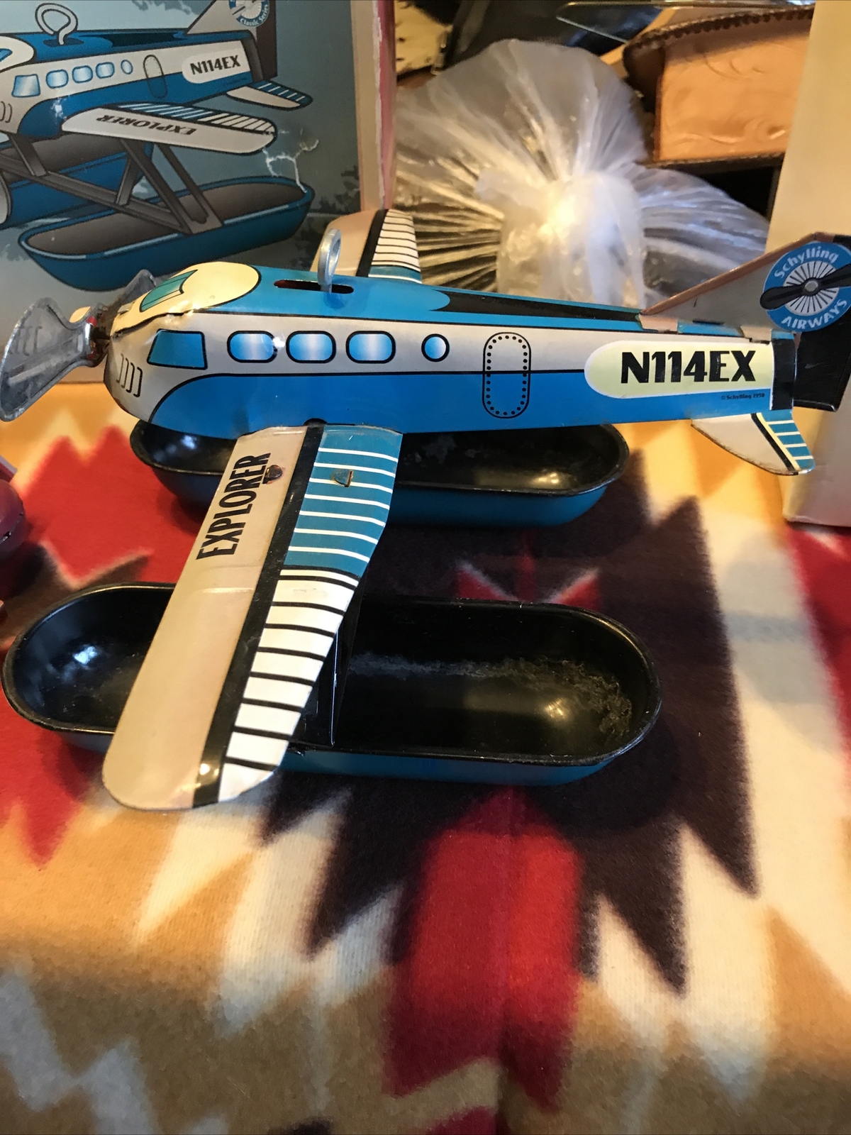 SCHYLLING Propeller Sea Plane Tin Windup Pontoon Box/ Motorcycle Side Car Rider