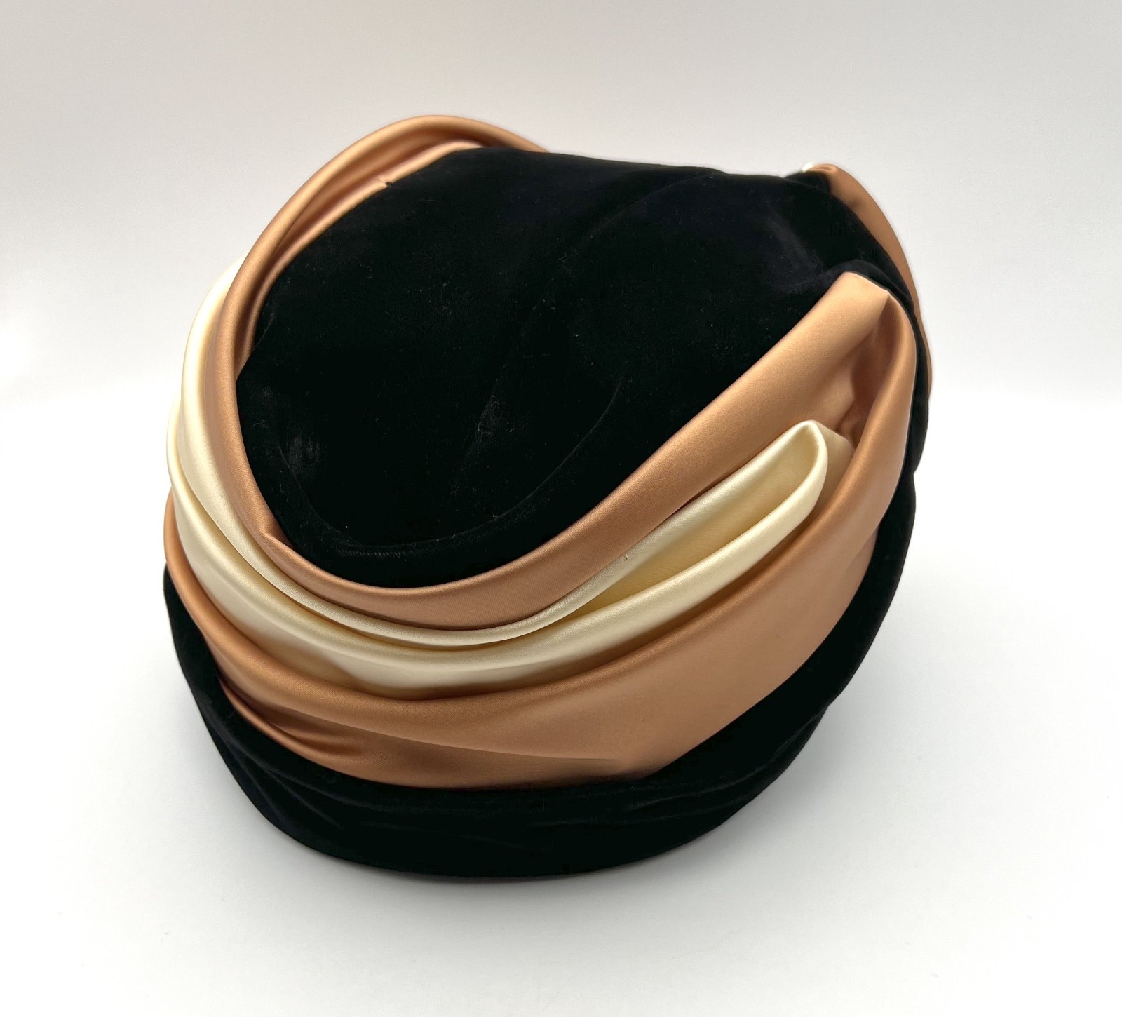 Vintage Shari Creations Turban Hat Black Velvet Cream Copper Satin USA Union