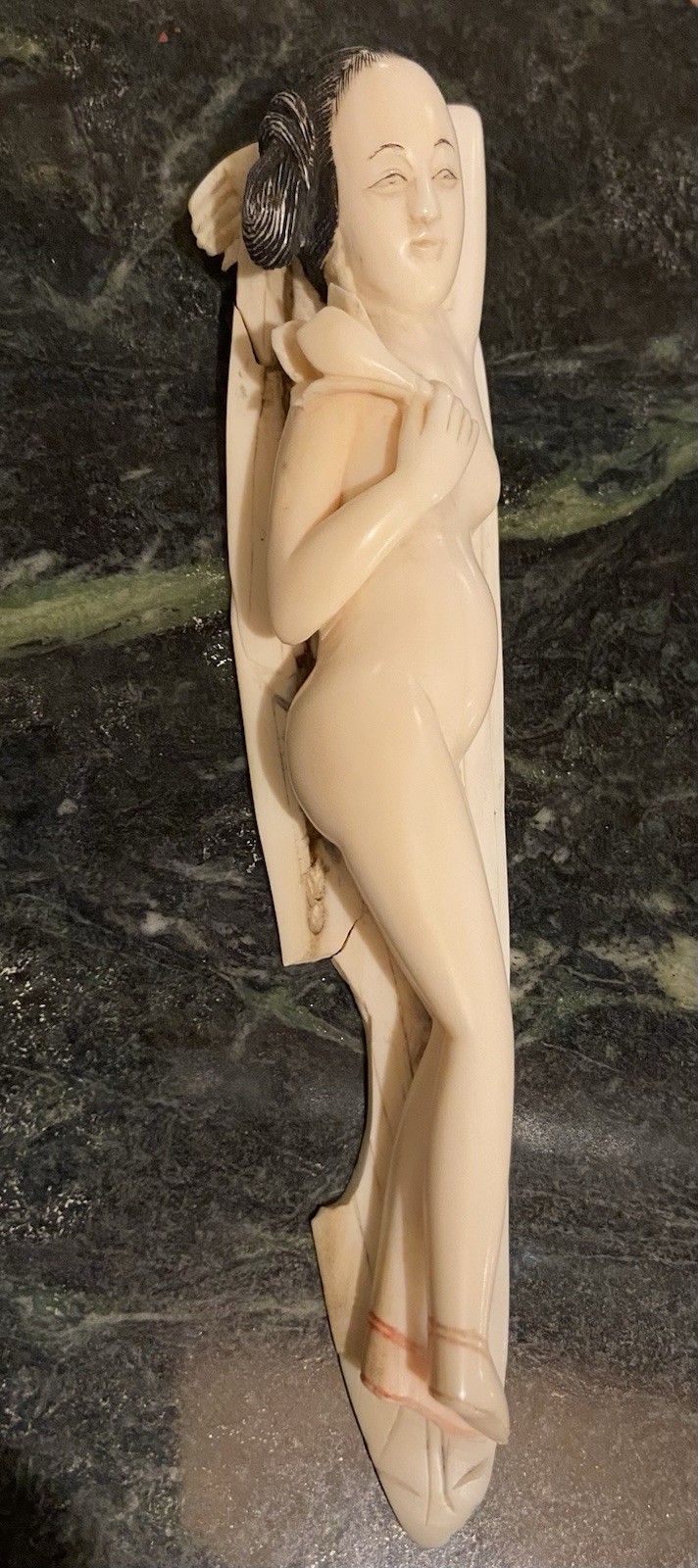 Antique Chinese carved Woman Diagnostic Doctor Doll. Holding Lotus Repaired.