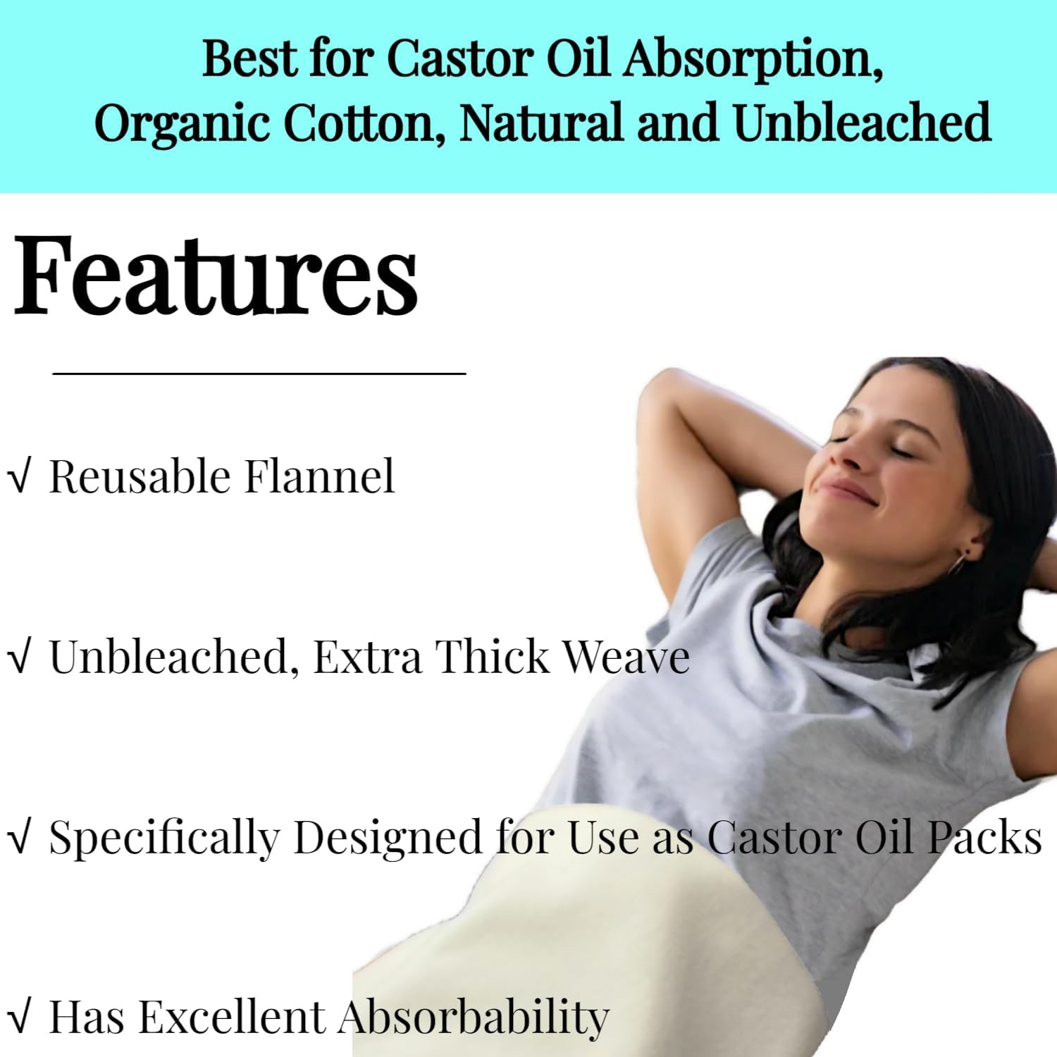 2 Pcs Organic Cotton Flannel for Castor Oil Pack Wrap, Reusable Castor Oil Compr